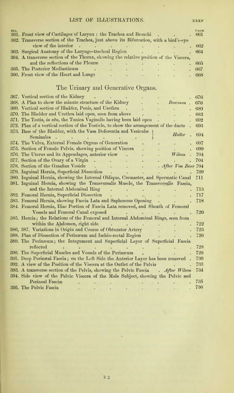 FIG. PAGK 361. Front view of Cartilages of Larynx : the Trachea and Bronchi . . . (361 .362. Transverse section of the Trachea, just above its Bifurcation, with a bird's-eye view of the interior ........ 662 363. Surgical Anatomy of the Laryngotracheal Region .... 664 364. A transverse section of the Thorax, showing the relative position of the Viscera, and the reflections of the Pleurae ...... 665 365. The Posterior Mediastinum ....... 667 366. Front view of the Heart and Lungs ...... 668 The Urinary and Generative Organs. 367. Vertical section of the Kidney 676 683 692 Haller . 694 . 697 . 699 Wilson . 704 . 704 After Von Baer 704 . 709 368. A Plan to show the minute structure of the Kidney . . Bowman . 676 369. Vertical section of Bladder, Penis, and Urethra . 680 370. The Bladder and Urethra laid open, seen from above 371. The Testis, in situ, the Tunica Vaginalis having been laid open 372. Plan of a vertical section of the Testicle, to show the arrangement of the ducts . 693 373. Base of the Bladder, with the Vasa Deferentia and Vesiculae Seminales ...... 374. The Vulva, External Female Organs of Generation 375. Section of Female Pelvis, showing position of Viscera 376. The Uterus and its Appendages, anterior view 377. Section of the Ovary of a Virgin .... 378. Section of the Graafian Vesicle 379. Inguinal Hernia, Superficial Dissection 380. Inguinal Hernia, showing the Internal Oblique, Cremaster, and Spermatic Canal 711 381. Inguinal Hernia, showing the Transversalis Muscle, the Transversals Fascia, and the Internal Abdominal Ring ...... 713 382. Femoral Hernia, Superficial Dissection . . . . . . 717 383. Femoral Hernia, showing Fascia Lata and Saphenous Opening . . . 718 384. Femoral Hernia, Iliac Portion of Fascia Lata removed, and Sheath of Femoral Vessels and Femoral Canal exposed . . . . .720 385. Hernia; the Relations of the Femoral and Internal Abdominal Rings, seen from within the Abdomen, right side ...... 722 386. 387. Variations in Origin and Course of Obturator Artery . . .723 388. Plan of Dissection of Perinaeum and Ischio-rectal Region . . . 726 389. The Perinaeum; the Integument and Superficial Layer of Superficial Fascia reflected . . . .. . . . . .728 390. The Superficial Muscles and Vessels of the Perinaeum .... 729 391. Deep Perinaeal Fascia; on the Left Side the- Anterior Layer has been removed . 730 392. A view of the Position of the Viscera at the Outlet of the Pelvis . . 733 393. A transverse section of the Pelvis, showing the Pelvic Fascia . After Wilson 734 394. Side view of the Pelvic Viscera of the Male Subject, showing the Pelvic and Perineal Fasciae ... .... 735 395. The Pelvic Fascia ........ 736 b 2