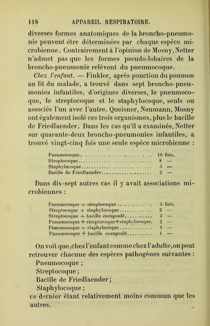 diverses formes anatomiques de la broncho-pneumo- nie peuvent être déterminées par chaque espèce mi- crobienne. Contrairement à l'opinion de Mosny,Netter n'admet pas que les formes pseudo-lobaires de la broncho-pneumonie relèvent du pneumocoque. Chez Venfant. — Finkler, après ponction du poumon au lit du malade, a trouvé dans sept broncho-pneu- monies infantiles, d'origines diverses, le pneumoco- que, le streptocoque et le staphylocoque, seuls ou associés l'un avec l'autre. Queisner, Neumann, Mosny ont également isolé ces trois organismes, plus le bacille de Friedlaender. Dans les cas qu'il a examinés, Netter sur quarante-deux broncho-pneumonies infantiles, a trouvé vingt-cinq fois une seule espèce microbienne : Pneumocoque.. . . 10 fois. Streptocoque 8 — Staphylocoque 5 — Bacille de Friedlaender , 2 — Dans dix-sept autres cas il y avait associations mi crobiennes : Pneumocoque + streptocoque 5 fois. Streptocoque -4- staphylocoque 5 — Streptocoque -+- bacille encapsulé 3 — Pneumocoque + strcptocoque+staplivlocoque. 2 — Pneumocoque -h staphylocoque 1 — Pneumocoque + bacille encapsulé 1 ■— On voit que,chezl'enfant comme chez l'adulte, on peut retrouver chacune des espèces pathogènes suivantes : Pneumocoque ; Streptocoque ; Bacille de Friedlaender; Staphylocoque ; ce dernier étant relativement moins commun que les autres.