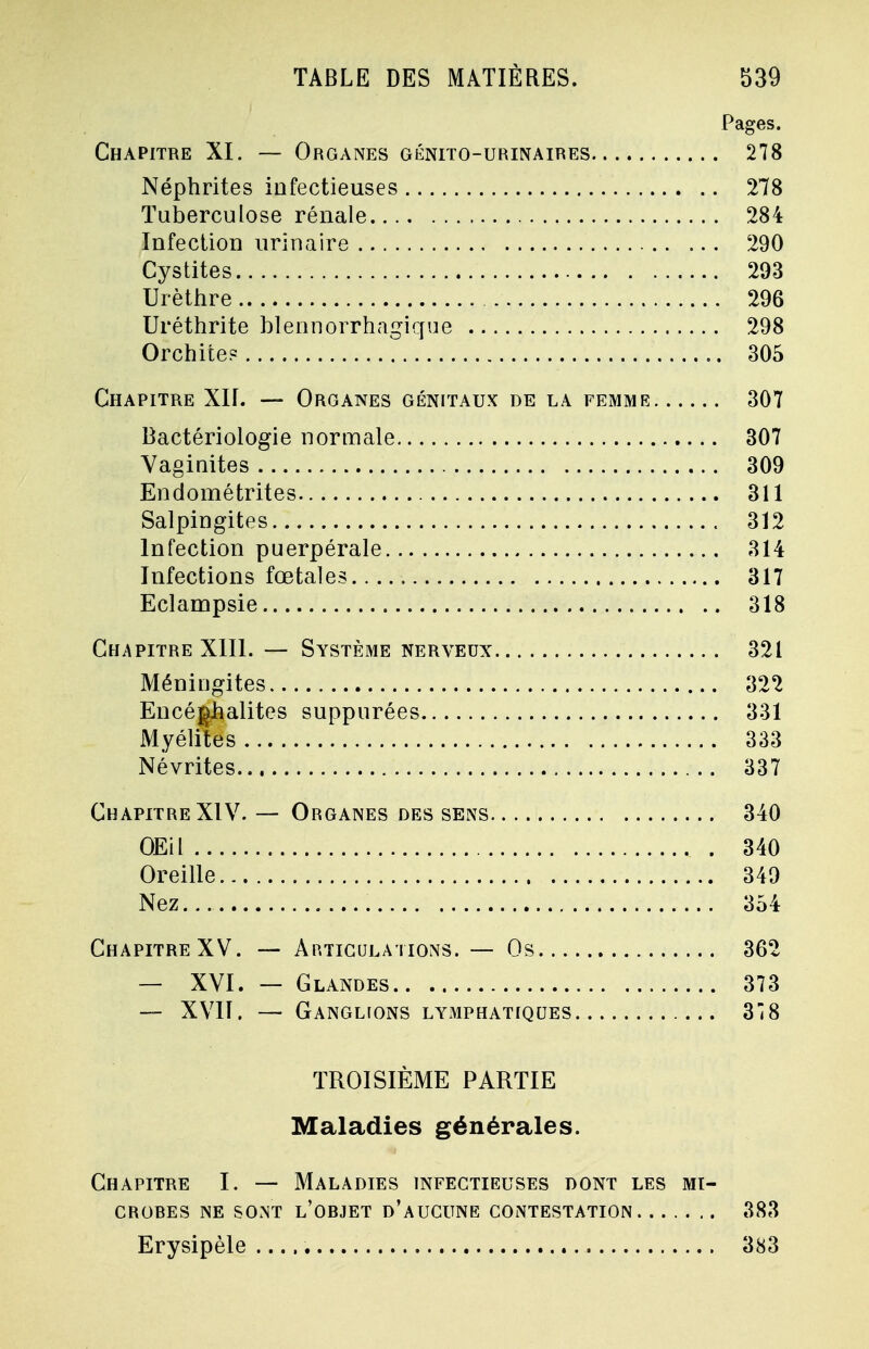 Pages. Chapitre XI. — Organes génito-urinaires 278 Néphrites infectieuses 278 Tuberculose rénale 284 Infection urinaire 290 Cystites 293 Urèthre 296 Uréthrite blennorrhagique 298 Orchite? 305 Chapitre Xlf. — Organes génitaux de la femme 307 Bactériologie normale 307 Vaginites 309 Endométrites 311 Salpingites 312 Infection puerpérale 314 Infections fœtales 317 Eclampsie 318 Chapitre XIII. — Système nerveux 321 Méningites 322 Encéphalites suppurées 331 Myélites 333 Névrites 337 Chapitre XIV. — Organes des sens 340 OEit 340 Oreille 349 Nez 354 Chapitre XV. — Articulations. — Os 362 — XVI. — Glandes 373 — XVII. — Ganglions lymphatiques 318 TROISIÈME PARTIE Maladies générales. Chapitre I. — Maladies infectieuses dont les mi- crobes NE SONT L'OBJET D'AUCUNE CONTESTATION 383 Erysipèle 383