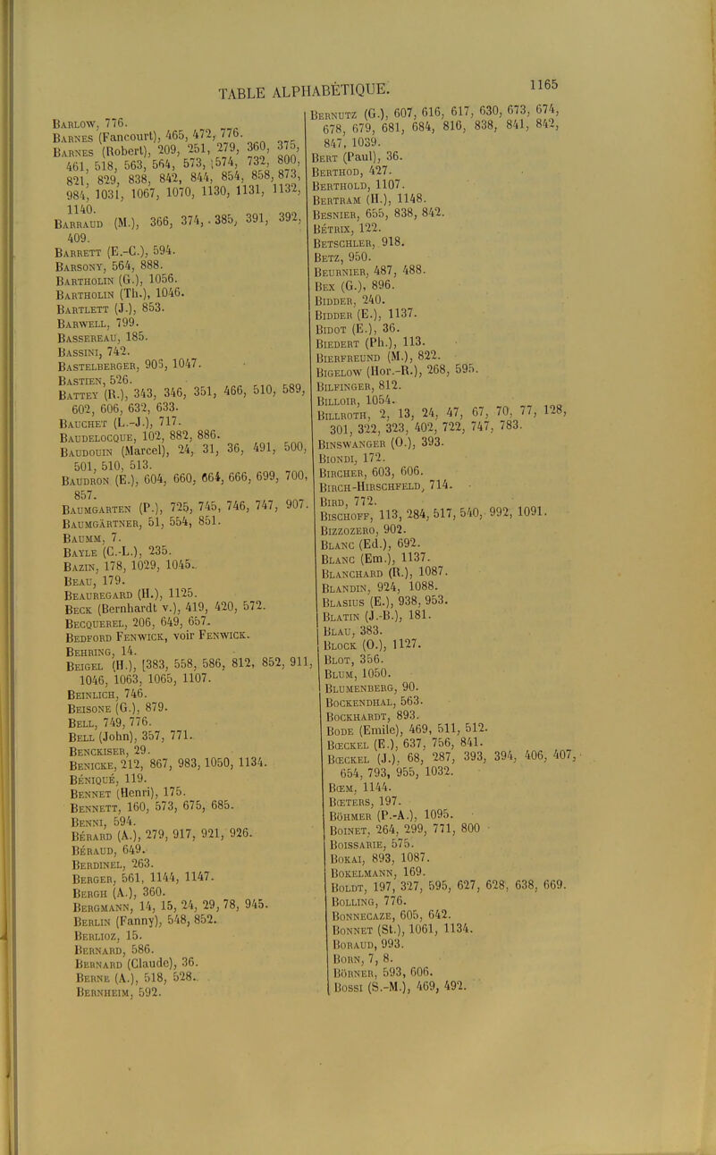 Barlow, 776. Barnes (Fancourt), 465, 472, 776. Barres (Robert), 209, 251, 279, 360, 375, 461, 518, 563, 564, 573, [574 732 800, 821 829, 838, 842, 844, 854, 858, 873, 984', 1031, 1067, 1070, 1130, 1131, 1132, BaVraud (M.), 366, 374, . 385; 391, 392, 409. Barrett (E.-C), 594. Barsony, 564, 888. Bartholin (G.), 1056. Bartholin (Th.), 1046. Bartlett (J.), 853. Barwell, 799. Bassereau, 185. Bassini, 742. Bastelberger, 90S, 1047. Bastien, 526. Battey (R.), 343, 346, 351, 466, 510, 589, 602, 606, 632, 633. Bauchet (L.-J.), 717. Baudelocque, 102, 882, 886. Baudouin (Marcel), 24, 31, 36, 491, 500, 501, 510, 513. Baudron (E.), 604, 660, 664, 666, 699, 700, 857 Baumgarten (P.), 725, 745, 746, 747, 907 Baumgàrtner, 51, 554, 851. Baumm, 7. Bayle (C.-L.), 235. Bazin, 178, 1029, 1045. Beau, 179. Beau regard (H.), 1125. Beck (Bernhardt v.), 419, 420, 572. Becquerel, 206, 649, 657. Bedford Fenwick, voir Fenwick. Behring, 14. Beigel (H.), 1383, 558, 586, 812, 852, 911, 1046, 1063, 1065, 1107. Beinlich, 746. Beisone (G.), 879. Bell, 749, 776. Bell (John), 357, 771. Benckiser, 29. Benicke,212, 867, 983, 1050, 1134. BÉNIQUÉ, 119. Bennet (Henri), 175. Bennett, 160, 573, 675, 685. Benni, 594. Bérard (À.), 279, 917, 921, 926. BÉRAUD, 649. Berdinel, 263. Berger, 561, 1144, 1147. Bergh (A.), 360. Bergmann, 14, 15, 24, 29, 78, 945. Berlin (Fanny), 548, 852. Berlioz, 15. Bernard, 586. Bernard (Claude), 36. Berne (A.), 518, 528.. Bernheim, 592. Bernutz (G.), 607, 616, 617, 630, 673, 674, 678, 679, 681, 684, 816, 838, 841, 842, 847, 1039. Bert (Paul), 36. Berthod, 427. Berthold, 1107. Bertram (H.), 1148. Besnier, 655, 838, 842. Bétrix, 122. Betschler, 918. Betz, 950. Beurnier, 487, 488. Bex (G.), 896. Bidder, 240. Bidder (E.), 1137. Bidot (E.), 36. Biedert (Ph.), 113. Bierfreund (M.), 822. Bigelow (Hor.-R.), 268, 595. Bilfinger, 812. Billoir, 1054. Billroth, 2, 13, 24, 47, 67, 70, 77, 128, 301, 322, 323, 402, 722, 747, 783. Binswanger (O.), 393. Biondi, 172. Bircher, 603, 606. Birch-Hirschfeld, 714. Bird, 772. Bischoff, 113, 284, 517, 540, 992, 1091. Bizzozero, 902. Blanc (Ed.), 692. Blanc (Em.), 1137. Blanchard (R.), 1087. Blandin, 924, 1088. Blasius (E.), 938, 953. Blatin (J.-B.), 181. Blau, 383. Block (0.), U27. Blot, 356. Blum, 1050. Blumenberg, 90. BoCKENDHAL, 563. BOCKHARDT, 893. Bode (Emile), 469, 511, 512. Bœckel (E.), 637, 756, 841. Bœckel (J.). 68, 287, 393, 394, 406, 407, 654, 793, 955, 1032. Bœm, 1144. Bœters, 197. Bôhmer (P.-A.), 1095. • Boinet, 264, 299, 771, 800 ■ Boissarie, 575. Bokai, 893, 1087. bokelmann, 169. Boldt, 197, 327, 595, 627, 628, 638, 669. Bolling, 776. Bonnecaze, 605, 642. Bonnet (St.), 1061, 1134. Boraud, 993. Born, 7, 8. Borner, 593, 606. Bossi (S.-M.), 469, 492.