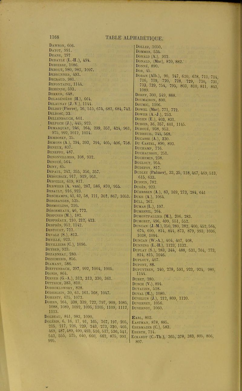 Dawson, 606. Dayot. 991. Deane, 297 Debayle (L.-II.), 494. Debierrf.,1086. Debout, 980, 981, 1097. Debrunner, 493. Decraud, 981. Defontaine, 1144. Dehenne, 593. Dekker, 648. Delagénière (II.), 664. Delaunay (J.-V.), 1144. . Delbet (Pierre), 26, 515, 674, 682, 684, 742. Delbosc, 33. Dellenbauch, 601. Delpech (J.), 445, 923. Démarqua y, 246, 264, 299, 357, 424, 961, 975, 992, 1012, 1014. Dembosky, 25. Démons (A.), 294, 393, 394, 405, 406, 758. Deneux, 837. Deneffe, 487. Denonyilliers, 108, 932. Denucé, 564. Deny, 65. Depaul, 242, 355, 356, 357. Deroubaix, 917, 919, 951. Derville, 619, 817. Derweer (A. van), 287, 586, 870, 955. Desault, 916, 923. Deschamps, 41, 42, 58, 121, 307, 867, 1053 Desgranges, 535. Desmoulins, 210. Désormeaux, 46, 772. Despines (M.), 182. Despréaux, 210, 212, 423. Desprès, 952, 1142. Destouet, 772. Devalz (S.), 813. Deville, 923. Devilliers (C), 1096. Deyber, 923. Dezanneau, 280. Dezeimeris, 856. Diamant, 586. Dieffenbach, 297, 992, 1004, 1005. Dionis, 864. Dirner (G.-A.), 312, 313, 330, 361. Dittrich, 383, 810. dobroklowsky, 828. Doderlein, 30, 61, 161, 168, 1047. Doherty, 675, 1072. Dohrn, 264, 338, 339, 722, 797, 909, 1085, 1088, 1089, 1092, 1095, 1105, 1109, 1112, 1113. Dolbeau, 841, 983, 1090. Doléris, 6, 16, 17, 91, 165, 167, 197, 205, 215, 217, 226, 229, 243, 273, 320. 405, 469, 487,489, 490,493, 516, 517, 536, 541, 542, 555, 575, 640, 660, G62, 875, 991 995. Dollez, 1050. Dommes, 534. Donald (A.), 912. Donald, (Mac), 870, 882.' Donné, 890. Dor, 45. Doran (Alb.), 90, 247, 620, 678, 711, 714 716, 719, 720, 728, 729, 730, 731 733, 739, 754, 793, 803. 810, 811, 842 1089. Dorff, 300, 549, 888. Doumairon, 800. Doumic, 1106. Dowel (Mac), 771, 772. Dower (A.-J.), 253. Doyen (E.), 403, 831. Dubois, 36, 357, 601, 1145. Duboué, 938, 953. Dubreuil, 245, 568. Ducasse (A.), 230. Du Castel, 890, 893. Duchamp, 776. Duchaussoy, 251. Duchemin, 238. Duclout, 954. Dudefoy, 817. Dudley (Palmer), 33, 35, 218, 467, 469, 513. 615, 633. Duffin, 782. Dugès, 923. Dûhrssen (A.), 83, 169, 273, 284, 641 Duke (A.), 1064. Dûll, 262. Dumas (L.), 197. Dumesnil, 264. Dumontpallier (M.), 206, 283. Dumoret, 496, 499, 551, 552. Duncan (J.-M.),250, 280, 282, 400, 452, 564, 674, 690, 814, 844, 873, 879, 993, 1036. 1038, 1094. Duncan (W.-A.), 404, 407. 408. Dunning (L.-H'4 1123, 1132. Duplay (S.), 283, 344, 488, 531, 764, 773, .814, 815, 1046. Duplouy, 407. Dupont, 88. Dupuytren, 240, 278, 591, 923, 924, 980, 1144. Duret, 280. Dusch (V.), 894. Dutauzin, 518. Duval (M.), 1080. DOvelius (J.), 212, 809, 1120. Duyerney, 1056. Duvernoy, 1060. Earl, 803. Eastman, 878, 885. Eiiermaier (C), 583. Eberth. 714. Eckardt (C.-Th.), 365, 378, 383, 805, 806, 807.