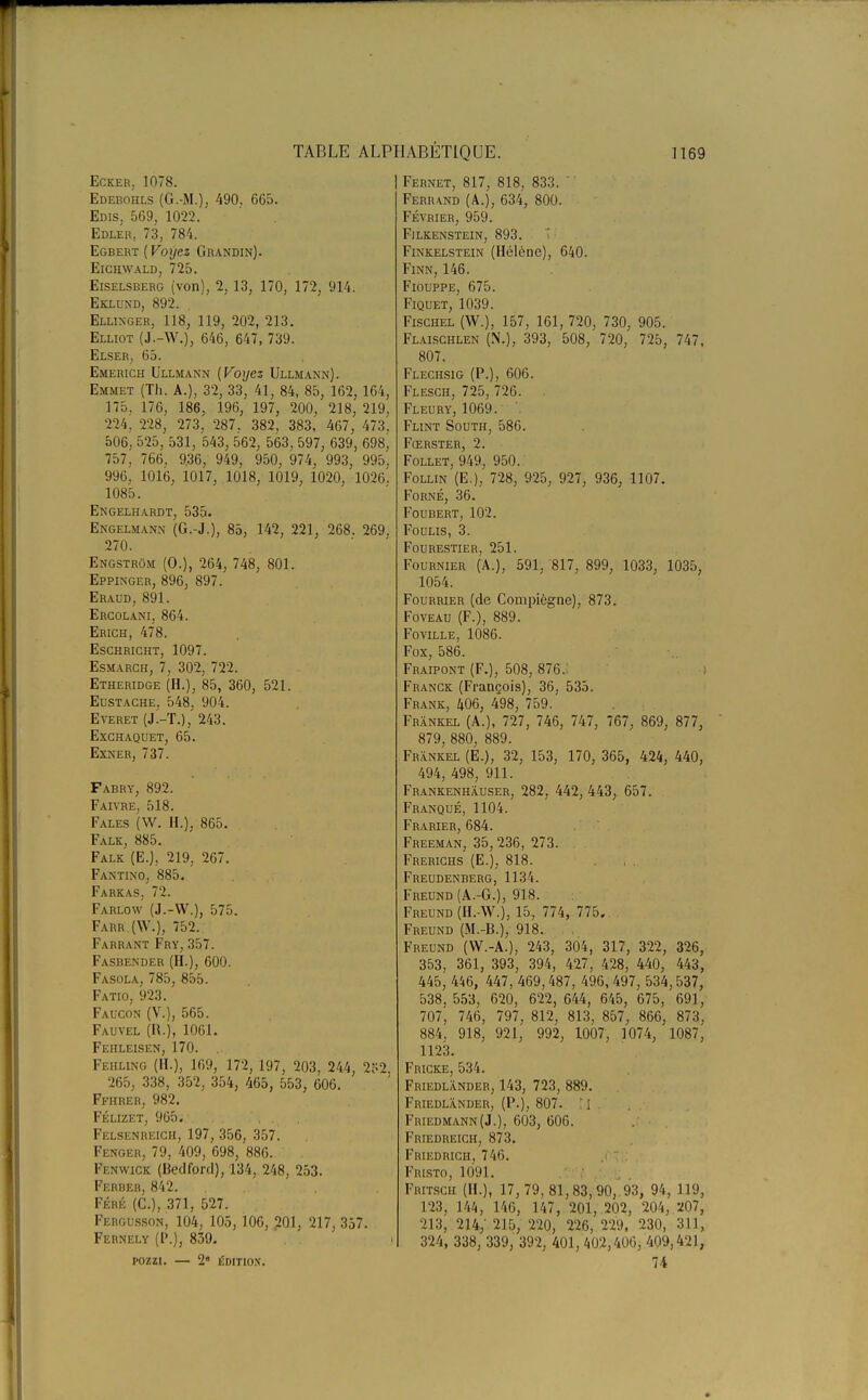 Ecker, 1078. Edebohls (G.-M.); 490, 665. Edis3 569, 1022. Edler, 73, 784. Egbert (Voyez Grandin). Eichwald, 725. Eiselsberg (von), 2, 13, 170, 172, 914. Eklund, 892. . Ellinger, 118, 119, 202, 213. Elliot (J.-W.), 646, 647, 739. Elser, 65. Emerich Ullmann (Voyez Ullmann). Emmet (Th. A.), 32, 33, 41, 84, 85, 162, 164, 175, 176, 186, 196, 197, 200, 218, 219. 224, 228, 273, 287. 382, 383, 467, 473, 506, 525, 531, 543, 562, 563, 597, 639, 698, 757, 766, 9.36, 949, 950, 974, 993, 995. 996, 1016, 1017, 1018, 1019, 1020, 1026, 1085. Engelhardt, 535. Engelmann (G.-J.), 85, 142, 221, 268. 269, 270. Engstrom (0.), 264, 748, 801. Eppinger, 896, 897. Eraud, 891. Ercolani. 864. Erich, 478. Eschricht, 1097. Esmarch, 7, 302, 722. Etheridge (H.), 85, 360, 521. Eustache, 548, 904. Everet (J.-T.), 243. Exchaquet, 65. Exxer, 737. Fabry, 892. Faivre, 518. Fales (W. H.), 865. Falk, 885. Falk (E.), 219, 267. Fantino, 885. Farkas, 72. Farlow (J.-W.), 575. Farr.(\V.), 752.. Farrant Fry, 357. Fasbender (H.), 600. Fasola, 785, 855. Fatio, 923. Faucon (V.), 565. Fauvel (R.), 1061. Fehleisen, 170. .. Fehling (H.), 169, 172, 197, 203, 244, 2^2, 265, 338, 352, 354, 465, 553, 606. Ffhrer, 982. Félizet, 965. , . Felsenreich, 197, 356, 357. Fenger, 79, 409, 698, 886.. Fenwick (Bedford), 134, 248, 253. Ferber, 842. Féré (C), 371, 527. Fergusson, 104, 105, 106, 201, 217, 357. Fernely (P.), 839. POZZl. — 2 ÉDITION. Fernet, 817, 818, 833. Ferra.nd (A.), 634, 800. Février, 959. Fjlkenstein, 893. Finkelstein (Hélène), 640. Finn, 146. Fiouppe, 675. Fiquet, 1039. Fischel (W.), 157, 161, 720, 730, 905. Flaischlen (N.), 393, 508, 720, 725, 747, 807. Flechsig (P.), 606. Flesch, 725, 726. . Fleury, 1069. '. Flint South, 586. Fœrster, 2. Follet, 949, 950. Follin (E.), 728, 925, 927, 936, 1107. Forné, 36. Foubert, 102. Foulis, 3. Fourestier, 251. Fournier (A.), 591, 817, 899, 1033, 1035, 1054. Fourrier (de Compiègne), 873. Foveau (F.), 889. Foville, 1086. Fox, 586. Fraipont (F.), 508, 876.: Franck (François), 36, 535. Frank, 406, 498, 759. Frânkel (A.), 727, 746, 747, 767, 869, 877, 879, 880, 889. Frankel (E.), 32, 153, 170, 365, 424, 440, 494, 498, 911. Frankenhâuser, 282, 442, 443, 657. Franqué, 1104. Frarier, 684. Freeman, 35,236, 273. Frerichs (E.), 818. Freudenberg, 1134. Freund (A.-G.), 918. Freund (H.-W.), 15, 774, 775. Freund (M.-B.), 918. Freund (W.-A.), 243, 304, 317, 322, 326, 353, 361, 393, 394, 427, 428, 440, 443, 445, 446, 447, 469,487, 496, 497, 534,537, 538, 553, 620, 622, 644, 645, 675, 691, 707, 746, 797, 812, 813, 857, 866, 873, 884, 918, 921, 992, 1007, 1074, 1087, 1123. Fricke, 534. Friedlânder, 143, 723, 889. Friedlânder, (P.), 807. Friedmann(J.), 603, 606. Friedreich, 873. Friedrich, 746. Fristo, 1091. Fritscii (H.), 17, 79, 81,83,90, 93, 94, 119, 123, 144, 146, 147, 201, .202, 204, 207, 213, 214; 215, 220, 226, 229, 230, 311, 324, 338, 339, 392, 401, 402,406, 409,421, 74