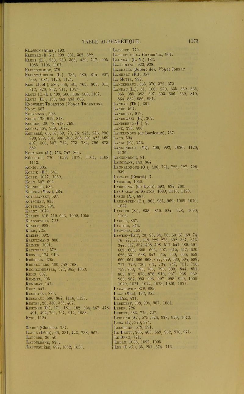 Klasson (Anna), 193. Kleberg (B.-G.), 299, 301, 302, 322. Klebs (E.), 233, 240, 363, 439, 717, 905, 1085, 1106, 1107. Kleinschmidt, 379. Kleinwachter (L.), 235, 580, 814, 907, 909, 1084, 1120, 1124. Klob (J.-M.), 580, 656, 681, 765, 803, 811, 813, 820, 832, 911, 1047.. Klotz (G.-L.), 499, 500, 506, 508, 1107. Klotz (H.), 158, 469, 493, 606. KnowsleyThornton (Voyez Thornton). Knox, 587. Kobylinski, 592. Koch, 173, 619, 818. Kocher, 28, 78, 418, 769. Kocks, 564. 909, 1047. Kœberlé, 65, 67, 69, 73, 76, 244, 246, 296, 298, 299, 301, 306, 308, 388, 391,423, 469, 497, 500, 507, 772, 773, 782, 796, 873, 882. Kolaczek (J.), 746, 747, 806. Kûlliker, 720. 1059, 1079, 1104, 1108. 1113. Kônig, 335. Koplik (H.), 641. Koppe, 1047, 1059. Korn, 507, 692. Kornfeld, 586. Kortum (Max.), 284. koteliansky, 597. Kotschau, 833. kottmann, 294. Kranz, 1042. Kraske, 418, 419, 696, 1009, 1055. Krassowski, 722. Krause, 892. Kreis, 725. Kreise, 892. Kreutzmann,800. Krimer, 1091. Kristeller, 572. Kroner, 174, 919. Krônlein, 305. Krukenberg, 400, 748, 768. Kuchenmeister, 572, 865, 1063. Kuhn, 837. Kummel, 905. Kundrat, 142. Kurz, 442. Kusnetsky, 885. Kussmaul, 586, 864, 1116, 1133. Kuster, 28, 330, 335, 407. Kûstner (O.), 171, 181, 182, 334, 467, 478, 491, 492, 755, 757, 912, 1088. Kyri, 1124. Labbé (Charles), 237. Labbé (Léon), 36, 331, 723, 738, 962. Laborde, 36, 40. Laboulbene, 825. Labusquière, 897, 1052, 1056.. Ladouce, 772. Ladreit de la Charrière, 907. Lagneau (L.-V.), 183. Ladlemand, 923, 928. Lamballe (Jobert de). Voyez Jobert. Lambert (R.), 357. La Motte, 992. Lancereaux, 365, 370, 372, 373. Landau (L.), 81, 100, 220, 335, 359, 364, 365, 385, 393, 597, 603, 606, 669, 810, 864, 882, 886, 951. Landau (Th.), 361. Lande, 597. Landouzy, 819. Landowski (P.), 202. Landsberg (P.), 2. Lane, 298, 406. Lanelongue (de Bordeaux), 757. Lang,594. Lange (F.), 246. Langenbeck (M.), 406, 992, 1020, 1120, 1126. Langenbuch, 81. Langhans, 143, 864. Lannelongue (0.), 406, 724, 725, 727, 728, 939. Laplace (Ernest), 7. Larcher, 1050. Laroyenne (de Lyon), 692, 694, 700. Las Casas de Santos, 1089, 1116, 1120. Lasne (A.), 687. Lauenstein (C), 963, 964, 969, 1009, 1010, 1024. Laugier (S.), 838, 840,. 924, 928, 1090, 1106. Laupus, 867. Lautier, 346. Lauwers, 153. Lawson-Tait. 20. 25, 34, 56, 60, 67, 69, 74, 76, 77, 113, 119, 229, 273, 302, 337, 343, 344, 347, 354, 408, 498, 511, 541, 589, 591, 602, 603, 605, 606, 607, 615, 617, 620, 625, 631, 638, 642, 645, 650, 656, 659, 660, 664, 666, 668, 677, 679, 680, 694, 698, 712, 729, 730. 731, 734, 747, 751, 756, 759, 768, 783, 786, 796, 800, 844, 851, 863, 875, 876, 878, 916, 937, 938, 962, 963, 964-, 993, 996, 997. 998, 999, 1000, 1020, 1021, 1022, 1023, 1026, 1027. Lazarewicz, 878, 885. Lf.an (Mac), 193, 851. Le Bec, 421. Lebedeff, 308, 904, 907, 1084. Leber, 726. Lebert, 383, 725, 727. Leblond (A.), 575 ,926, 928, 929, 1072. LEOA (.).). 37(1, 374. Lecorché, 579, 591. Le Dentu, 206, 403. 669, 962, 970, 971. Le Dkan, 771. Ledru, 1088, 1092, 1095. Lee (C.-C), 35, 251, 574, 716.