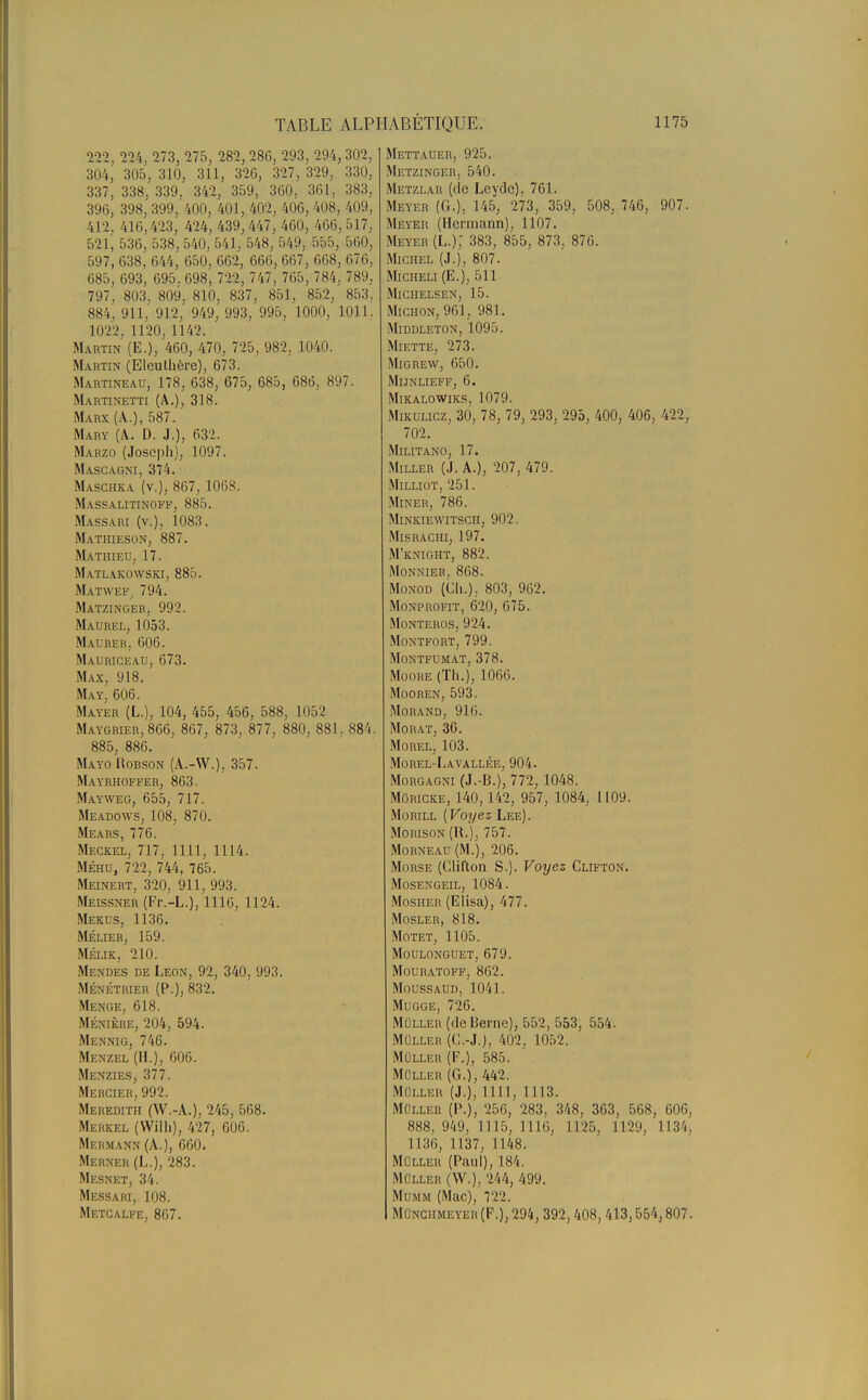 222, 224, 273, 275, 282, 28C, 293, 294, 302, 304, 305, 310, 311, 326, 327, 329, 330, 337, 338, 339, 342, 359, 360, 361, 383. 396, 398, 399. 400, 401, 402, 406, 408, 409, 412, 416,423,' 424, 439, 447, 460, 466, 517, 521, 536, 538, 540, 541, 548, 549, 555, 560, 597, 638, 644, 650, 662, 666, 667, 668, 676, 685, 693, 695. 698, 722, 747, 765, 784, 789. 797, 803. 809, 810, 837, 851. 852, 853, 884, 911, 912, 949, 993, 995, 1000, 1011.. 1022, 1120, 1142. Martin (E.), 460, 470, 725, 982, 1040. Martin (Eleuthère), 673. Martineau, 178, 638, 675, 685, 686, 897. Martinetti (A.), 318. Marx (à.), 587. Mary (A. D. J.), 632. Marzo (Joseph), 1097. Mascagni, 374. Maschka (v.), 867, 1068. Massalitinoff, 885. Massari (v.). 1083. Mathieson, 887. Mathieu, 17. Matlakowski, 885. Matwef, 794. Matzinger, 992. Maurel, 1053. Maurer, 606. Mauriceau, 673. Max, 918. May, 606. Mayer (L.), 104, 455, 456, 588, 1052 Maygrier, 866, 867, 873, 877, 880, 881. 884. 885, 886. Mayo Robson (A.-W.). 357. Mayrhoffer, 863. Mayweg, 655, 717. Meadows, 108, 870. Mears, 776. Meckel, 717, 1111, 1114. Méhu, 722, 744, 765. Meinert, 320, 911, 993. Meissner (Fr.-L.), 1116, 1124. Mekus, 1136. MÉLIER, 159. MÉLIK, 210. Mendes de Léon, 92, 340, 993. Ménétrier (P.), 832. Menge, 618. Ménière, 204, 594. Mennig, 746. Menzel (H.), 606. Menzies, 377. Mercier, 992. Meredith (W.-A.), 245, 568. Merkel (Willi), 427, 606. Mermann (A.), 660. Merner (L.), 283. Mesnet, 34. Messari, 108. Metcalfe, 867. Mettauer, 925. Metzinger, 540. Metzlar (de Leyde). 761. Meyer (G.), 145, 273, 359, 508, 746, 907. Meyer (Hermann), 1107. Meyer (L.); 383, 855, 873, 876. Michel (J.), 807. Micheli(E.), 511 Michelsen, 15. Michon, 961, 981. MlDDLETON, 1095. Miette, 273. Migrew, 650. Mijnlieff, 6. Mikalowiks, 1079. Mikulicz, 30, 78, 79, 293, 295, 400, 406, 422, 702. Militano, 17. Miller (J. A.), 207, 479. Milliot, 251. Miner, 786. Minkiewitsch, 902. Misrachi, 197. M'knight, 882. Monnier, 868. Monod (Cli.). 803, 962. Monprofit, 620, 675. Monteros, 924. Montfort, 799. Montfumat, 378. Moore (Th.), 1066. Mooren, 593. Morand, 916. Morat, 36. Morel, 103. Morel-Lavallée, 904. Morgagni (J.-B.)', 772, 1048. Môricke, 140,142, 957, 1084, 1109. Morill (Voyez Lee). Morison (R.), 757. Morneau (M'.), 206. Morse (Clifton S.). Voyez Clifton. Mosengeil, 1084. Mosher (Elisa), 477. Mosler, 818. Motet, 1105. Moulonguet, 679. Mouratoff, 862. Moussaud, 1041. Mugge, 726. Mûller (de Berne), 552, 553, 554. Mûlleb (C.-J.), 402, 1052. Mûller (F.), 585. Mûller (G.), 442. MULLEH (J.), 1111, 1113. MOlleb (P.), 256, 283, 348, 363, 568, 606, 888, 949, 1115, 1116, 1125, 1129, 1134, 1136, 1137, 1148. Mûller (Paul), 184, Mûlleb (W.). 244, 499. Mumm (Mac), 722. Mûnchmeyer (F.), 294, 392,408, 413,554,807.