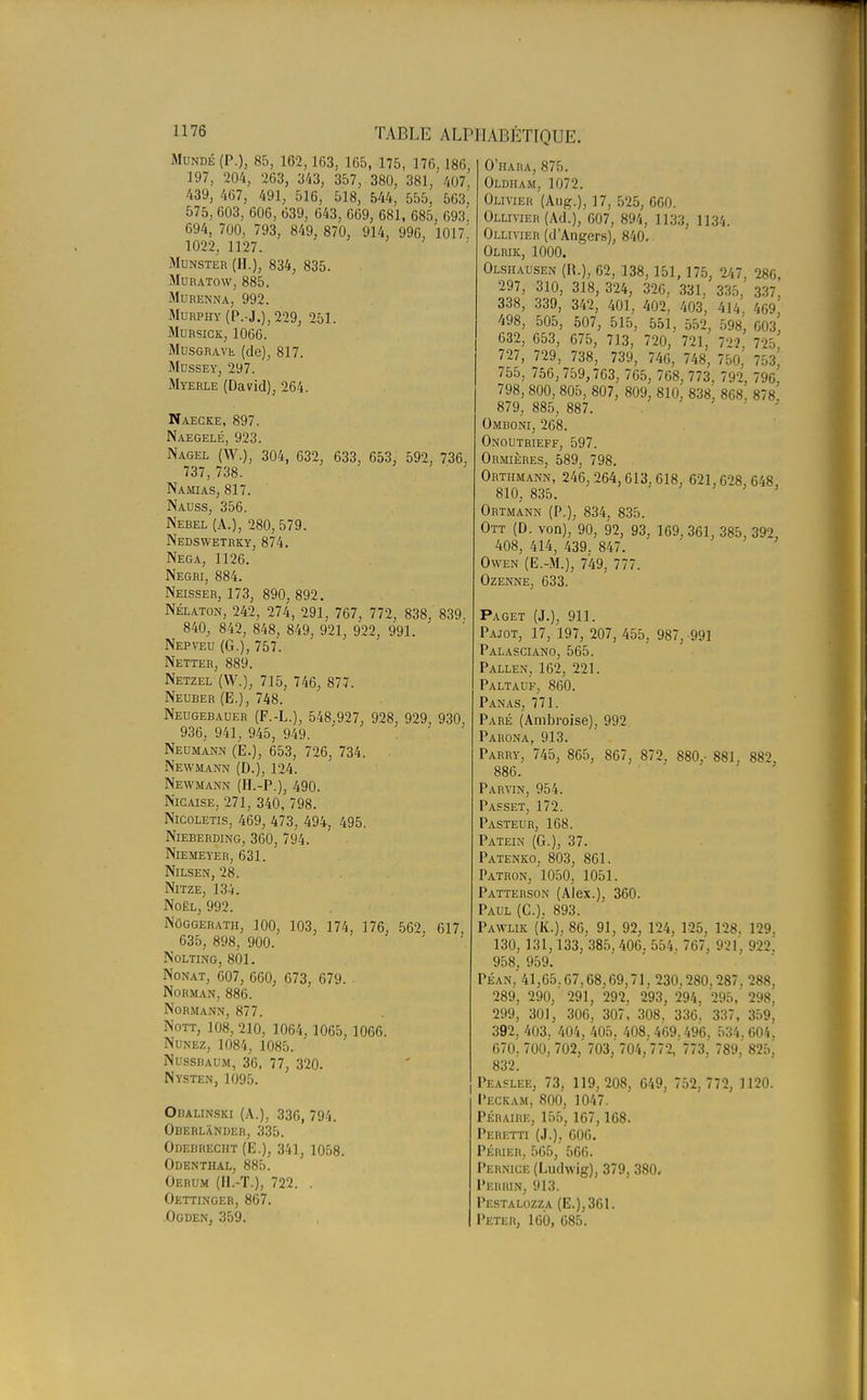 Mundé (P.), 85, 162,163, 165, 175, 176, 186, 197, 204, 263, 343, 357, 380, 381, 407, 439, 467, 491, 516, 518, 544, 555, 563. 575, 603, 606, 639, 643, 669, 681, 685, 693! 694, 700, 793, 849, 870, 914, 996, 1017! 1022, 1127. Munster (II.), 834, 835. Muratow, 885. Mubenna, 992. Murphy(P.-J.),229, 251. Mursick, 1066. MusGRAVh (de), 817. Mussey, 297. Myerle (David), 264. Naecke, 897. Naegelé, 923. Nagel (W.), 304, 632, 633, 653, 592, 736. 737, 738. Namias, 817. Nauss, 356. Nebel (A.), 280, 579. Nedswetrky, 874. Nega, 1126. Negri, 884. Neisser, 173, 890, 892. Nélaton, 242, 274, 291, 767, 772, 838, 839. 840, 842, 848, 849, 921, 922, 991. Nepveu (G.), 757. Netter, 889. Netzel (W.), 715, 746, 877. Neuber (E.), 748. Neugebauer (F.-L.), 548.927, 928, 929, 930, 936, 941, 945, 949. Neumann (E.), 653, 726, 734. Newmann (D.), 124. Newmann (H.-P.), 490. Nicaise, 271, 340, 798. Nicoletis, 469, 473, 494, 495. Nieberding, 360, 794. Niemeyer, 631. Nilsen, 28. Nitze, 134. Noël, 992. Nûggerath, 100, 103, 174, 176, 562, 617, 635, 898, 900. NoLTING, 801. Nonat, 607, 660, 673, 679. Norman, 886. Normann, 877. Nott, 108, 210, 1064, 1065, 1066. Nunez, 1084, 1085. Nussbaum, 36, 77, 320. Nysten, 1095. Obalinski (A.), 336, 794. Oberlander, 335. Odebrecht (E.), 341, 1058. Odenthal, 885. Oerum (II.-T.), 722. . Oettinger, 867. Ogden, 359. O'hara, 875. Oldham, 1072. Olivier (Aug.), 17, 525, 660. Ollivier (Ad.), 607, 894, 1133, 1134. Ollivier (d'Angers), 840. Olrik, 1000. Olshausen (R.), 62, 138, 151, 175, 247, 286, 297, 310, 318, 324, 326, 331. 335, 337, 338, 339, 342, 401, 402, 403, 414, 469 498, 505, 507, 515, 551, 552, 598, 603 632, 653, 675, 713, 720, 721. 722, 725 727, 729, 738, 739, 746, 748, 750, 753 755, 756,759,763, 765, 768, 773, 792, 796, 798, 800, 805, 807, 809, 810. 838, 868. 878 879, 885, 887. Omboni, 268. Onoutrieff, 597. Ormières, 589, 798. Orthmann, 246,264,613,618, 621,628,648, 810, 835. Ortmann (P.), 834, 835. Ott (D. von), 90, 92, 93, 169.361, 385,392, 408, 414, 439. 847. Owen (E.-M.), 749, 777. Ozenne, 633. Paget (J.), 911. Pajot, 17, 197, 207, 455, 987, -991 Palasciano, 565. Pallen, 162, 221. Paltauf, 860. Panas, 771. Paré (Ambroise), 992 Parona, 913. Parry, 745, 865, 867, 872. 880,- 881, 882, 886. Parvin, 954. Passet, 172. Pasteur, 168. Patein (G.), 37. Patenko, 803, 861. Patron, 1050, 1051. Patterson (Alex.). 360. Paul (C). 893. Pawlik (K.), 86, 91, 92, 124, 125, 128, 129. 130, 131,133, 385,406. 554. 767, 921, 922, 958, 959. Péan, 41,65,67,68,69,71, 230,280.287. 288, 289, 290, 291, 292. 293, 294, 295, 298, 299, 301, 306, 307! 308. 336. 337, 359, 392, 403, 404, 405. 408.469.496, 534.604, 670. 700, 702, 703. 704, 772,'773, 789, 825. 832. Peaflee, 73, 119.208, 649, 752,772, 1120. Peckam, 800, 1047. Péraire, 155, 167,168. Peretti (J.). 606. Périer, 565,' 566. Pernice (Ludwig), 379, 380. Peurin, 913. Pestalozza (E.),361. Peter, 160, 685.