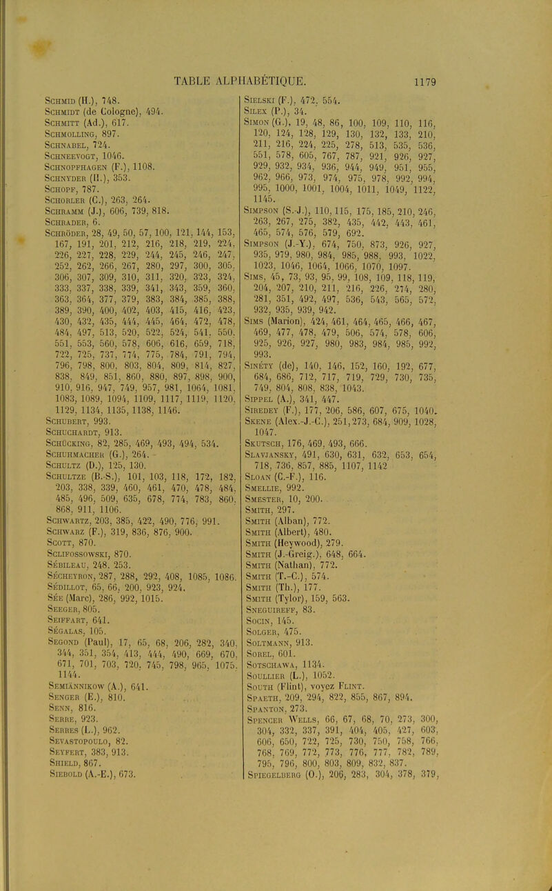 Sghmid (H.), 748. Schmidt (de Cologne), 494. Schmitt (Ad.), 617. SCHMOLLING, 897. SCHNABEL, 724. SCHNEEVOGT, 1046. SGHNOPFHAGEN (F.), 1108. SCHNYDER (II.), 353. Schopf, 787. Schorler (C), 263, 264. Schramm (J.), 606, 739, 818. schrader, 6. Schrôder, 28, 49, 50, 57, 100, 121, 144, 153, 167, 191, 201, 212, 216, 218, 219, 224, 226, 227, 228, 229, 244, 245, 246, 247, 252, 262, 266, 267, 280, 297, 300, 305. 306, 307, 309, 310, 311, 320, 323, 324, 333, 337, 338, 339, 341, 343, 359, 360, 363, 364, 377, 379, 383, 384, 385, 388, 389, 390, 400, 402, 403, 415, 416, 423, 430, 432, 435, 444, 445, 464, 472, 478, 484, 497, 513, 520, 522, 524, 541. 550. 551, 553, 560, 578, 606, 616, 659, 718, 722, 725, 737, 774, 775, 784, 791, 794, 796, 798, 800, 803, 804, 809, 814, 827, 838, 849, 851, 860, 880, 897, 898, 900, 910,916. 947, 749, 957, 981, 1064, 1081. 1083, 1089, 1094, 1109, 1117, 1119. 1120, 1129, 1134, 1135, 1138, 1146. Schubert, 993. schuchardt, 913. SchOcking, 82, 285, 469, 493, 494, 534. Schuhmacher (G.), 264. Schultz (D.), 125, 130. Schultze (B.-S.), 101, 103, 118, 172, 182, 203, 338, 339, 460, 461, 470, 478, 484. 485, 496, 509, 635, 678, 774, 783, 860'. 868, 911, 1106. Schwartz, 203, 385, 422, 490, 776, 991. Schwarz (F.), 319, 836, 876, 900. Scott, 870. Sclifossowski, 870. Sébileau, 248. 253. Sécheyron, 287, 288, 292, 408, 1085, 1086. Sédillot, 65, 66. 200, 923, 924. Sée (Marc), 286, '992, 1015. Seeger, 805. Seiffart. 641. Ségalas, 105. Second (Paul), 17, 65, 68, 206, 282, 340. 344, 351, 354, 413, 444, 490, 669. 670, 671, 701, 703, 720. 745, 798, 965, 1075. 1144. Semiânnikow (A.), 641. Senger (E.), 810. Senn, 816. Serre, 923. Serres (L.), 962. Sevastopoulo, 82. Seyfert, 383, 913. Shield, 867. Siebold (A.-E.), 673. Sie-lski (F.), 472. 554. Silex (F.), 34. Simon (G.), 19, 48, 86, 100, 109, 110, 116, 120, 124, 128, 129, 130, 132, 133, 210, 211, 216, 224, 225, 278, 513, 535, 536, 551, 578, 605, 767, 787, 921, 926, 927, 929, 932, 934, 936, 944, 949, 951, 955, 962, 966, 973, 974, 975, 978, 992, 994. 995, 1000, 1001, 1004, 1011. 1049, 1122', 1145. Simpson (S.-J.), 110,115, 175, 185, 210, 246, 263, 267, 275, 382, 435, 442, 443, 461, 465, 574, 576, 579, 692. Simpson (J.-Y.), 674, 750, 873, 926, 927, 935, 979, 980, 984, 985, 988, 993, 1022, 1023, 1046, 1064, 1066, 1070, 1097. Sims, 45, 73, 93, 95, 99, 108, 109, 118, 119, 204, 207, 210, 211, 216, 226, 274, 280, 281, 351, 492, 497, 536, 543, 565, 572, 932, 935, 939, 942. Sims (Marion), 424, 461, 464, 465, 466, 467, 469, 477, 478. 479, 506, 574, 578, 606, 925, 926, 927, 980, 983; 984, 985, 992, 993. Sinéty (de), 140, 146, 152, 160, 192, 677, 684, 686. 712, 717, 719, 729, 730, 735, 749, 804, 808, 838, 1043. Sippel (A.), 341, 447. Siredey (F.), 177, 206, 586, 607, 675, 1040. Skene (Alex.-J.-C), 251,273, 684, 909, 1028, 1047. Skutsch, 176, 469, 493, 666. Slavjansky, 491, 630, 631, 632, 653, 654, 718, 736. 857, 885, 1107, 1142 Sloan (G.-F.), 116. Smellie, 992. Smester, 10, 200. Smith, 297. Smith (Alban), 772. Smith (Albert), 480. Smith (Heywood), 279. Smith (J.-Greig.), 648, 664. Smith (Nathan), 772. Smith (T.-C.), 574. Smith (Th.), 177. Smith (Tylor), 159, 563. Sneguireff, 83. Socin, 145. Solger, 475. Soltmann, 913. SOREL, 601. SOTSCHAWA, 1134. Soullier (L.), 1052. South (Flint), voyez Flint. Spaeth, 209, 294, 822, 855, 867, 894. Spanton,273. Spencer Wells, 66, 67, 68, 70, 273, 300, 304, 332, 337, 391, 404, 405, 427, 603, 606, 650, 722, 725, 730, 750, 758, 766, 768. 769, 772, 773, 776, 777. 782, 789, 795, 796, 800, 803, 809, 832, 837, Spiegelberg (0.), 206, 283, 304, 378, 379,