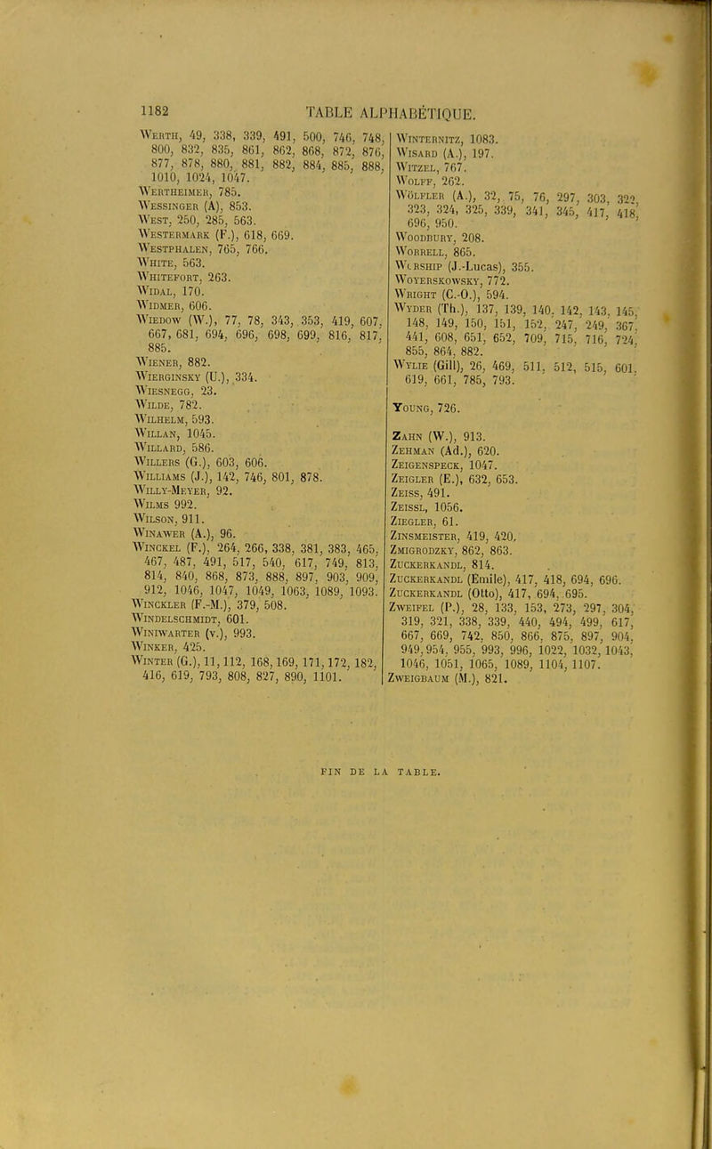 Wehth, 49, 338, 339, 491, 500, 746, 748, 800, 832, 835, 861, 862, 868, 872, 876. 877, 878, 880, 881, 882, 884, 885, 888, 1010, 1024, 1047. Wertheimer, 785. Wessinger (A), 853. West, 250, 285, 563. Westermark (F.), 618, 669. Westphalen, 765, 766. White, 563. Whitefort, 263. Widal, 170. WlDMER, 606. Wiedow (W.j, 77, 78, 343, . 353, 419, 607, 667, 681, 694, 696, 698, 699, 816, 817^ 885. Wiener, 882. Wierginsky (U.), 334. WlESNEGG, 23. Wilde, 782. WlLHELM, 593. WlLLAN, 1045. Willard, 586. Willers (G.), 603, 606. Williams (J.), 142, 746, 801, 878. Willy-Meyer, 92. Wilms 992. Wilson, 911. Winawer (A.), 96. Winckel (F.), 264, 266, 338, 381, 383, 465. 467, 487, 491, 517, 540, 617, 749, 813^ 814, 840, 868, 873, 888, 897, 903, 909, 912, 1046, 1047, 1049, 1063, 1089, 1093. Winckler (F.-M.), 379, 508. WlNDELSCHMIDT, 601. Winiwarter (y.), 993. WlNKER, 425. Winter (G.), il, 112, 168,169, 171,172, 182, 416, 619, 793, 808, 827, 890, 1101. WlNTERNITZ, 1083. Wisard (A.), 197. WlTZEL, 767. Wolff, 262. Wolfler (A.), 32, 75, 76, 297, 303, 32-> 323, 324, 325, 339, 341, 345, 417, 4is' 696, 950. woodrury, 208. Worrell, 865. Wcrship (J.-Lucas), 355. WOYERSKOWSKY, 772. Wright (C.-O.), 594. Wyder (Th.), 137, 139, 140. 142. 143. 145 148, 149, 150, 151, 152, 247, 249, 367. 441, 608, 651, 652, 709, 715, 716, m. 855, 864, 882. Wylie (Gili), 26, 469, 511. 512, 515, 601. 619, 661, 785, 793. Young, 726. Zahn (W.), 913. Zehman (Ad.), 620. Zeigenspeck, 1047. Zeigler (E.), 632, 653. Zeiss, 491. Zeissl, 1056. Ziegler, 61. Zinsmeister, 419, 420, Zmigrodzky, 862, 863. Zuckerkandl, 814. Zuckerkandl (Emile), 417, 418, 694, 696. Zuckerkandl (Otto), 417, 694, .695. Zweifel (P.), 28, 133, 153, 273, 297, 304, 319, 321, 338, 339, 440, 494, 499, 617, 667, 669, 742, 850, 866, 875, 897, 904. 949,954, 955, 993, 996, 1022, 1032, 1043^ 1046, 1051, 1065, 1089, 1104, 1107. Zweigbaum (M.), 821. FIN de la table.