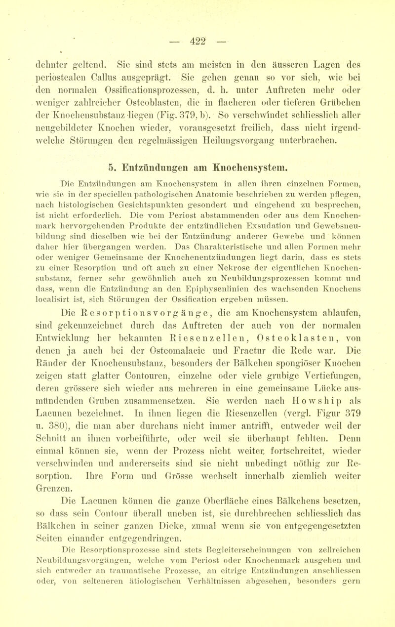 dehnter geltend. Sie sind stets am meisten in den äusseren Lagen des periostealen Gallus ausgeprägt. Sie gehen genau so vor sich, wie bei den normalen Ossificationsprozessen, d. h. unter Auftreten mehr oder weniger zahlreicher Osteoblasten, die in flacheren oder tieferen Grübchen der Knochensubstanz liegen (Fig. 379, b). So verschwindet schliesslich aller neugebildeter Knochen wieder, vorausgesetzt freilich, dass nicht irgend- welche Störungen den regelmässigen Heilungsvorgang unterbrachen. 5. Entzündungen am Knocliensystem. Die, Entzündungen am Knochensystem in allen ihren einzelnen Formen, wie sie in der speciellen pathologischen Anatomie beschrieben zu werden pflegen, nach histologischen Gesichtspunkten gesondert und eingehend zu besprechen, ist nicht erforderlich. Die vom Periost abstammenden oder aus dem Knochen- mark hervorgehenden Produkte der entzündlichen Exsudation und Gewebsneu- bildung sind dieselben wie bei der Entzündung anderer Gewebe und können daher hier übergangen werden. Das Charakteristische und allen Formen mehr oder weniger Gemeinsame der Knochenentzündungen liegt darin, dass es stets zu einer Resorption und oft auch zu einer Nekrose der eigentlichen Knochen- substanz, ferner sehr gewöhnlich auch zu Neubildungsprozessen kommt und dass, wenn die Entzündung an den Epiphysenlinien des wachsenden Knochens localisirt ist, sich Störungen der Ossification ergeben müssen. Die R e s 0 r p t i 0 n s V 0 r g ä n g e, die am Knochensystem ablaufen, sind gekennzeichnet durch das Auftreten der auch von der normalen Entwicklung her bekannten Riesenz eilen, Osteoklasten, von denen ja auch bei der Osteomalacie und Fractur die Rede war. Die Ränder der Knochensubstanz, besonders der Bälkchen spongiöser Knochen zeigen statt glatter Contouren, einzelne oder viele grubige Vertiefungen, deren grössere sich wieder aus mehreren in eine gemeinsame Lücke aus- mündenden Gruben zusammensetzen. Sie werden nach H o w s h i p als Lacunen bezeichnet. In ihnen liegen die Riesenzellen (vergl. Figur 379 u. 380), die man aber durchaus nicht immer antrifft, entweder weil der Schnitt an ihnen vorbeiführte, oder weil sie überhaupt fehlten. Denn einmal können sie, wenn der Prozess nicht weiter, fortschreitet, wieder verschwinden und andererseits sind sie nicht unbedingt nöthig zur Re- sorption. Ihre Form und Grösse wechselt innerhalb ziemlich weiter Grenzen. Die Lacunen können die ganze Oberfläche eines Bälkchens besetzen, so dass sein Confour überall uneben ist, sie durchbrechen schliesslich das Bälkchen in seiner ganzen Dicke, zumal wenn sie von entgegengesetzten Seiten einander entgegendringeu. Die Resorptionsprozesse sind stets Begleiterscheinung-en von zellreichen Neubildungsvorgängen, welche vom Periost oder Knochenmark ausgehen und sich entweder an traumatische Prozesse, an eitrige Entzündungen anschliessen oder, von selteneren ätiologischen Verhältnissen abgesehen, besonders gern
