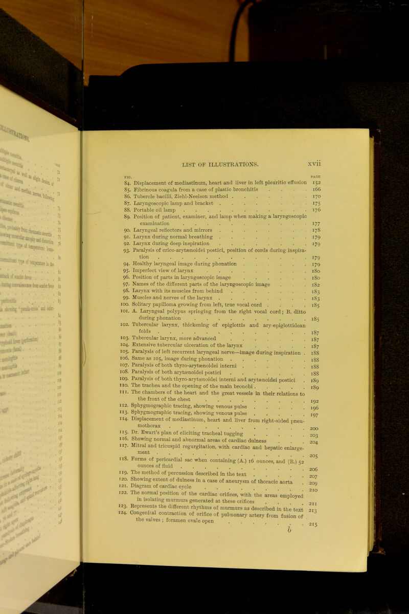 info. on of -fr°ia rheumatic nearitis T^^addistortio 1 'jpe o( temperature in the «■ sorlet fever . cniis f 109 109 110 III 112 113 114 ft l» |J> If 13' i3i i)t ij) i}5 4 if l*J LIST OF ILLUSTRATIONS. XVII FIC. I'AOE 84. Displacement of mediastinum, heart and liver in left pleuritic effusion 152 85. Fibrinous coagula from a case of plastic bronchitis . . . .166 86. Tubercle bacilli, Ziehl-Neelson method .170 87. Laryngoscopic lamp and bracket . .'. . . . . .175 88. Portable oil lamp 176 89. Position of patient, examiner, and lamp when making a laryngoscopic examination . . . 177 90. Laryngeal reflectors and mirrors . . . . . . . .178 9r. Larynx during normal breathing . . . . . . . .179 92. Larynx during deep inspiration . . . . . . . .179 93. Paralysis of crico-arytaenoidei postici, position of cords during inspira- tion 179 94. Healthy laryngeal image during phonation 179 95. Imperfect view of larynx 180 96. Position of parts in laryngoscopic image 180 97. Names of the different parts of the laryngoscopic image . . .182 98. Larynx with its muscles from behind . . . . . . -183 99. Muscles and nerves of the larynx 1S3 100. Solitary papilloma growing from left, true vocal cord .... 185 101. A. Laryngeal polypus springing from the right vocal cord; B. ditto during phonation . . •. 185 102. Tubercular larynx, thickening of epiglottis and ary-epiglottidean folds ^7 103. Tubercular larynx, more advanced ^7 104. Extensive tubercular ulceration of the larynx 187 105. Paralysis of left recurrent laryngeal nerve—image during inspiration . 1S8 106. Same as 105, image during phonation tss 107. Paralysis of both thyro-arytssnoidei interni ^8 108. Paralysis of both arytsenoidei postici J88 109. Paralysis of both thyro-arytsenoidei interni and arytaenoidei postici . 189 no. The trachea and the opening of the main bronchi 189 111. The chambers of the heart and the great vessels in their relations to the front of the chest •. . . . . , _ .192 112. Sphygmographic tracing, showing venous pulse ... .196 113. Sphygmographic tracing, showing venous pulse Ig7 114. Displacement of mediastinum, heart and liver from right-sided pneu- mothorax ... 115. Dr. Ewart's plan of eliciting tracheal tugging 203 116. Showing normal and abnormal areas of cardiac dulness . . 204 117. Mitral and tricuspid regurgitation, with cardiac and hepatic enlarge- ment 205 118. Forms of pericardial sac when containing (A.) 16 ounces, and (B.) 52 ounces of fluid 2of. 119. The method of percussion described in the text ... 207 120. Showing extent of dulness in a case of aneurysm of thoracic aorta '. 20Q 121. Diagram of cardiac cycle . . 122. The normal position of the cardiac orifices, with the areas'employed in isolating murmurs generated at these orifices 123. Represents the different rhythms of murmurs as described in the text 21 124. Congenital contraction of orifice of pulmonary artery from fusion of the valves ; foramen ovale open * 215 b