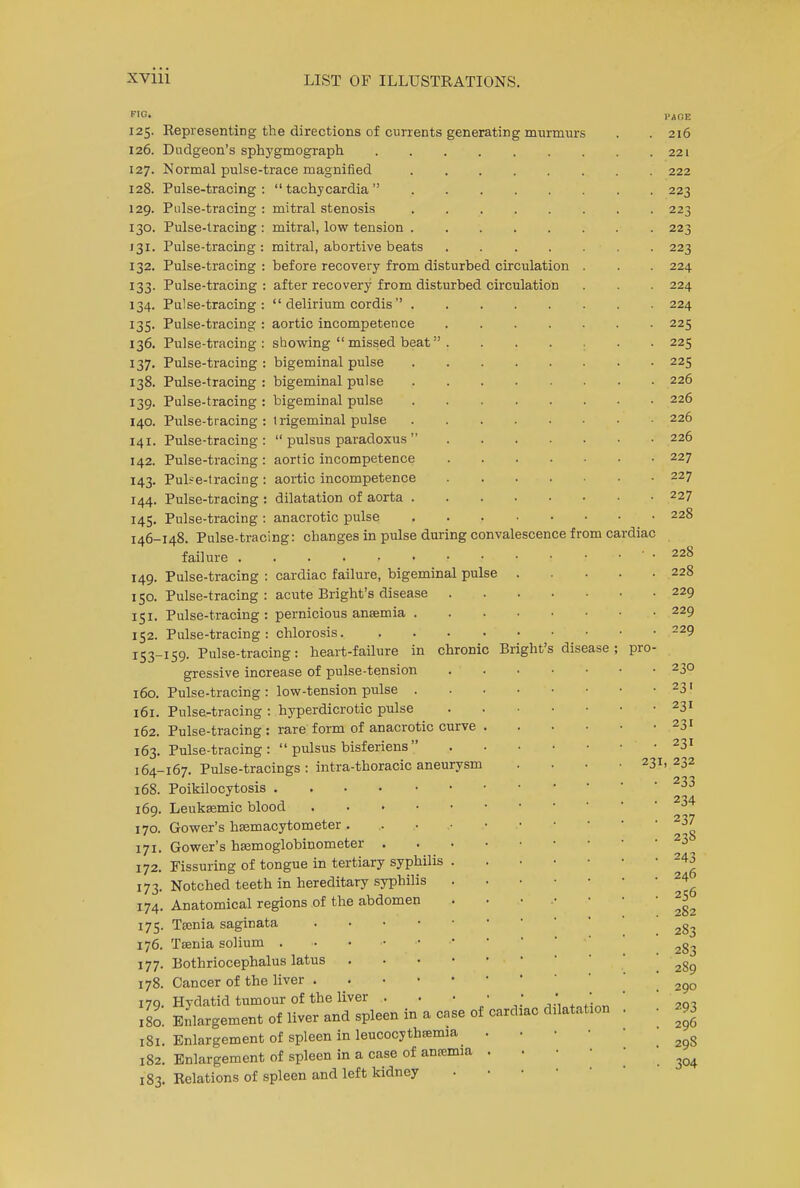 FIG. 125. 126. 127. 128. 129. I30. 131- 132. 133- 134. 135- 136. 137. 138. 139- 140. 141. 142. 143- 144. 145. 146- 149. 150. 151. 152. 153- 160. 161. 162. 163. 164- 168. 169. 170. 171. 172. 173- 174. I7S- 176. 177- 178. 179. 180, 181 182 183 Representing the directions of currents generating murmurs Dudgeon's sphygmograph Normal pulse-trace magnified Pulse-tracing Pulse-tracing Pulse-tracing Pulse-tracing Pulse-tracing Pulse-tracing Pulse-tracing Pulse-tracing Pulse-tracing Pulse-tracing Pulse-tracing Pulse-tracing Pulse-tracing Pulse-tracing Pulse-tracing Pulse-tracing Pulse-tracing Pulse-tracing  tachycardia  mitral stenosis mitral, low tension mitral, abortive beats before recovery from disturbed circulation after recovery from disturbed circulation pro-  delirium cordis aortic incompetence showing  missed beat bigeminal pulse bigeminal pulse bigeminal pulse trigeminal pulse  pulsus paradoxus  aortic incompetence aortic incompetence dilatation of aorta . anacrotic pulse 148. Pulse-tracing: changes in pulse during convalescence from cardiac failure Pulse-tracing : cardiac failure, bigeminal pulse Pulse-tracing : acute Bright's disease Pulse-tracing : pernicious ansemia . Pulse-tracing : chlorosis. 159. Pulse-tracing: heart-failure in chronic Bright's disease; gressive increase of pulse-tension Pulse-tracing : low-tension pulse . Pulse-tracing : hyperdicrotic pulse Pulse-tracing : rare form of anacrotic curve Pulse-tracing:  pulsus bisferiens  ■167. Pulse-tracings : intra-thoracic aneurysm Poikilocytosis Leuksemic blood Gower's hemacytometer . Gower's hsemoglobinometer . Fissuring of tongue in tertiary syphilis . Notched teeth in hereditary syphilis Anatomical regions of the abdomen Tamia saginata Taenia solium . Bothriocephalus latus Cancer of the liver . Hydatid tumour of the liver Enlargement of liver and spleen in a case of , Enlargement of spleen in leucocythremia . Enlargement of spleen in a case of anrcmia , Relations of spleen and left kidney cardiac dilatation 231 PAGE 2l6 221 222 223 223 223 223 224 224 224 225 225 225 226 226 226 226 227 227 227 228 228 228 229 229 229 230 231 23I 23I 23I 232 233 234 237 238 243 246 256 282 283 283 2S9 290 293 296 29S 304