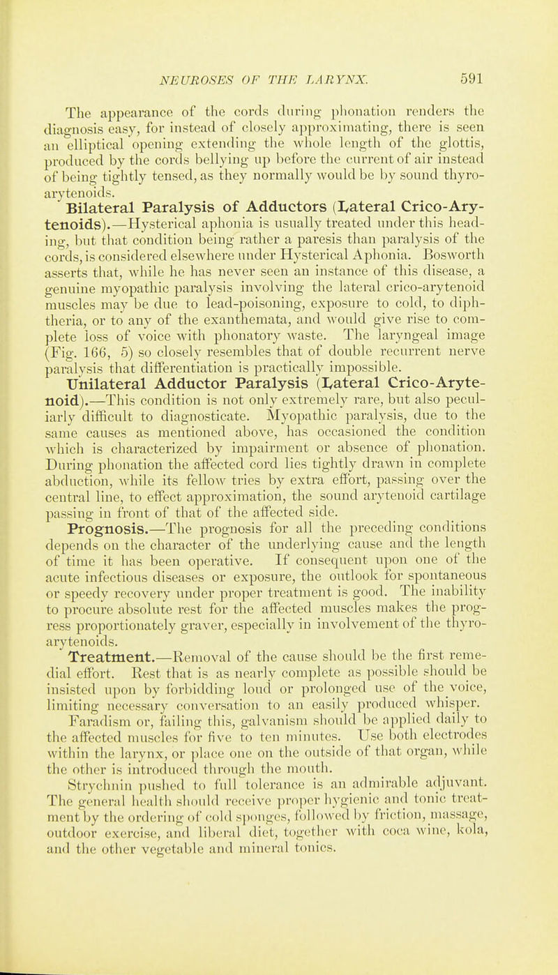 The appeai-ance of the cords (hirinij; phonatioii renders the diagnosis easy, for instead of closely approximating, there is seen an elliptical opening extending the wliole length of the glottis, produced by the cords bellying up before the current of air instead of being tightly tensed, as they normally would be by sound thyro- arytenoids. Bilateral Paralysis of Adductors (I^ateral Crico-Ary- tenoids).—Hysterical aphonia is usually treated under this head- ing, but that condition being rather a paresis than paralysis of the cords, is considered elsewhere under Hysterical Aphonia. Bosworth asserts that, while he has never seen an instance of this disease, a genuine myopathic paralysis involving the lateral crico-arytenoid muscles may be due to lead-poisoning, exposure to cold, to diph- theria, or to any of the exanthemata, and would give rise to com- plete loss of voice with phonatory waste. The laryngeal image (Fig. 166, 6) so closely resembles that of double recurrent nerve paralysis that differentiation is practically impossible. Unilateral Adductor Paralysis (I^ateral Crico-Aryte- noid).—This condition is not only extremely rare, but also pecul- iarly difficult to diagnosticate. Myopathic paralysis, due to the same causes as mentioned above, has occasioned the condition which is characterized by impairment or absence of plionation. During phonation the affected cord lies tightly drawn in complete abduction, Avhile its fellow tries by extra effort, passing over the central line, to effect approximation, the sound arytenoid cartilage passing in front of that of the affected side. Prognosis.—The prognosis for all the preceding conditions depends on the character of the underlying cause and the length of time it has been operative. If consequent upon one of the acute infectious diseases or exposure, the outlook for spontaneous or speedy recovery under proper treatment is good. The inability to procure absolute rest for the affected muscles makes the prog- i-ess proportionately graver, especially in involvement of the thyro- arytenoids. Treatment.—Removal of the cause should be the first reme- dial effort. Rest that is as nearly complete as possible should be insisted upon by forbidding loud or prolonged use of the voice, limiting necessary conversation to an easily produced whisper, Faradism or, failing this, galvanism should be applied daily to the affected muscles for five to ten minutes. Use both electrodes within the larynx, or place one on the outside of that organ, while the other is introduced through the mouth. Strychnin ])ushed to full tolerance is an admirable adjuvant. The general health should receive proper hygienic and tonic treat- ment by the ordering of cold sjionges, followed by friction, massage, outdoor exercise, and liberal diet, together with coca wine, kola, and the otiier vegetable and mineral tonics.