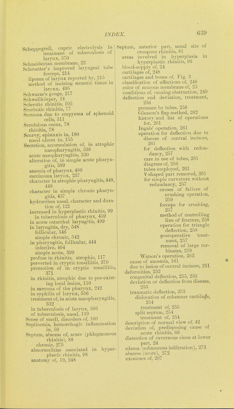 Scheppegrell, ciipric electrolysis in !■ treatment of tuberculosis of larynx, 570 Schneideria'n membrane, 22 Schroetter's improved laryngeal tube forceps, 214 lipoma of larynx reported by, 215 method of incising stenotic tissue in larynx, 495 Schwarze's gouge, 217 Schwellkorper, 24 Sclerotic rhinitis, 105 Scorbutic rhinitis, 77 Scotoma due to empyema of sphenoid cells, 311^ Scrofulous ozena, 78 rhinitis, 78 Scurvy, epistaxis in, 180 nasLil ulcers in, 155 Secretion, accumulation of, in atrophic nasopharyngitis, 338 acute nasopharyngitis, 330 alteration of, in simple acute pharyn- gitis, 399 anemia of pharynx, 480 carcinoma larynx, 237 character in atrophic pharyngitis, 448, 449 character in simple chronic pharyn- gitis, 437 hydrorrhea nasal, character and dura- tion of, 121 increased in hyperplastic rhinitis, 99 in tuberculosis of pharynx, 459 in acute catarrhal laryngitis, 499 in laryngitis, dry, 548 follicular, 546 simple chronic, 542 in pharyngitis, follicular, 444 infective, 404 simple acute, 399 profuse in rhinitis, atrophic, 117 perverted in cryptic tonsillitis, 370 promotion of in crvptic tonsillitin, 371 in rhinitis, atrophic due to pre-exist- ing local lesion, 110 in sarcoma of the pharynx, 242 in syphilis of larynx, 556 treatment of, in acute nasopharvngitis, 332 in tuberculosis of larynx, 566 of tuberculosis, nasal, 139 Sense of smell, disorders of, 160 Septicemia, hemorrhagic inflammation in, 59 Septum, abscess of, acute (phlegmonous rhinitis), 88 chronic, 275 abnormalities associated in hyper- plastic rhinitis, 98 anatomy of, 19, 248 Septum, anterior part, usual site of croupous rhinitis, 81 areas involved in hyperi)lasia in hyperplastic rhinitis, 96 blood-supply of, 24 cartilages of, 248 cartilages and bones of, Fig. 3 classification of afleciions of, 248 color of mucous membrane of, 23 conditions of, causing obstruction, 249 deflection and deviation, treatment, 256 pressure by tubes, 256 Gleason's flap method, 262 history and list of operations for, 261 Ingals' operation, 261 operation for deflection due to disease of central incisors, 261 for deflection with redun- dancy, 257 care in use of tubes, 261 diagram of, 260 tubes employed, 261 V-shaped part removed, 261 for simple curvature without redundancy, 257 causes of failure of crushing operation, 259 forceps for crusiiing, 257 method of controlling line of fracture, 258 operation for triangle deflection, 258 postoperative treat- ment, 257 removal of large tur- binates, 259 Watson's operation, 262 cause of anosmia, 161 due to lesion of central incisors, 261 deformities, 252 congenital deflection, 255, 256 deviation or deflection from disease, 253 traumatic deflection, 253 dislocation of columnar cartilage, 254 treatment of, 255 split septum, 254 treatment of, 254 description of normal view of, 42 deviation of, jn-edisposing cause of acute rhinitis, 66 distention of cavernous sinus at lower part, 24 edema (siibnuicous infiltration), 273 abscess (acute), 272 exostoses of, 207