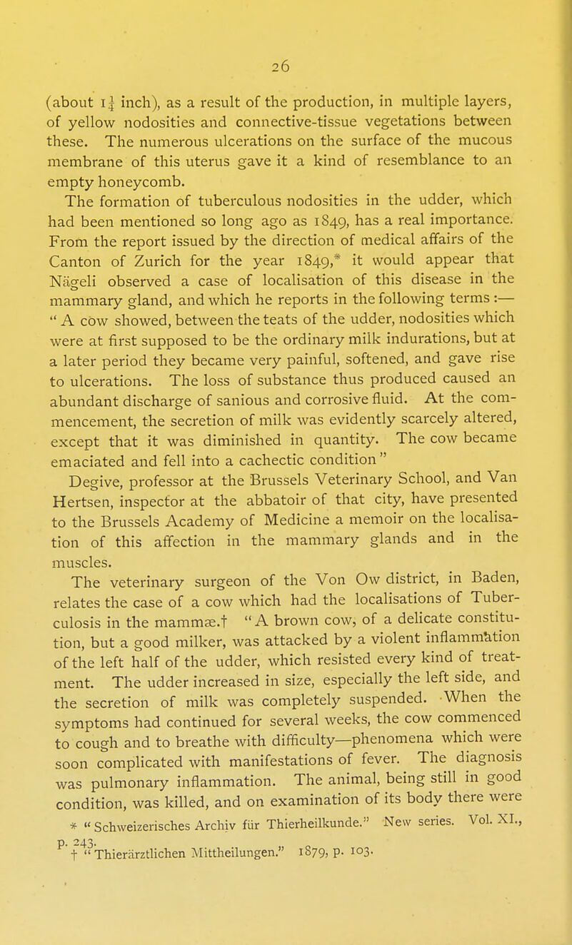 (about 11 inch), as a result of the production, in multiple layers, of yellow nodosities and connective-tissue vegetations between these. The numerous ulcerations on the surface of the mucous membrane of this uterus gave it a kind of resemblance to an empty honeycomb. The formation of tuberculous nodosities in the udder, which had been mentioned so long ago as 1849, has a real importance. From the report issued by the direction of medical affairs of the Canton of Zurich for the year 1849,* lt would appear that Naeeli observed a case of localisation of this disease in the mammary gland, and which he reports in the following terms :—  A cow showed, between the teats of the udder, nodosities which were at first supposed to be the ordinary milk indurations, but at a later period they became very painful, softened, and gave rise to ulcerations. The loss of substance thus produced caused an abundant discharge of sanious and corrosive fluid. At the com- mencement, the secretion of milk was evidently scarcely altered, except that it was diminished in quantity. The cow became emaciated and fell into a cachectic condition Degive, professor at the Brussels Veterinary School, and Van Hertsen, inspector at the abbatoir of that city, have presented to the Brussels Academy of Medicine a memoir on the localisa- tion of this affection in the mammary glands and in the muscles. The veterinary surgeon of the Von Ow district, in Baden, relates the case of a cow which had the localisations of Tuber- culosis in the mammae.t  A brown cow, of a delicate constitu- tion, but a good milker, was attacked by a violent inflammation of the left half of the udder, which resisted every kind of treat- ment. The udder increased in size, especially the left side, and the secretion of milk was completely suspended. When the symptoms had continued for several weeks, the cow commenced to cough and to breathe with difficulty—phenomena which were soon complicated with manifestations of fever. The diagnosis was pulmonary inflammation. The animal, being still in good condition, was killed, and on examination of its body there were *  Schweizerisches Archiv fur Thierheilkunde. New series. Vol. XL, p. 243. t  Thierarztlichen Mittheilungen. 1879, p. 103.