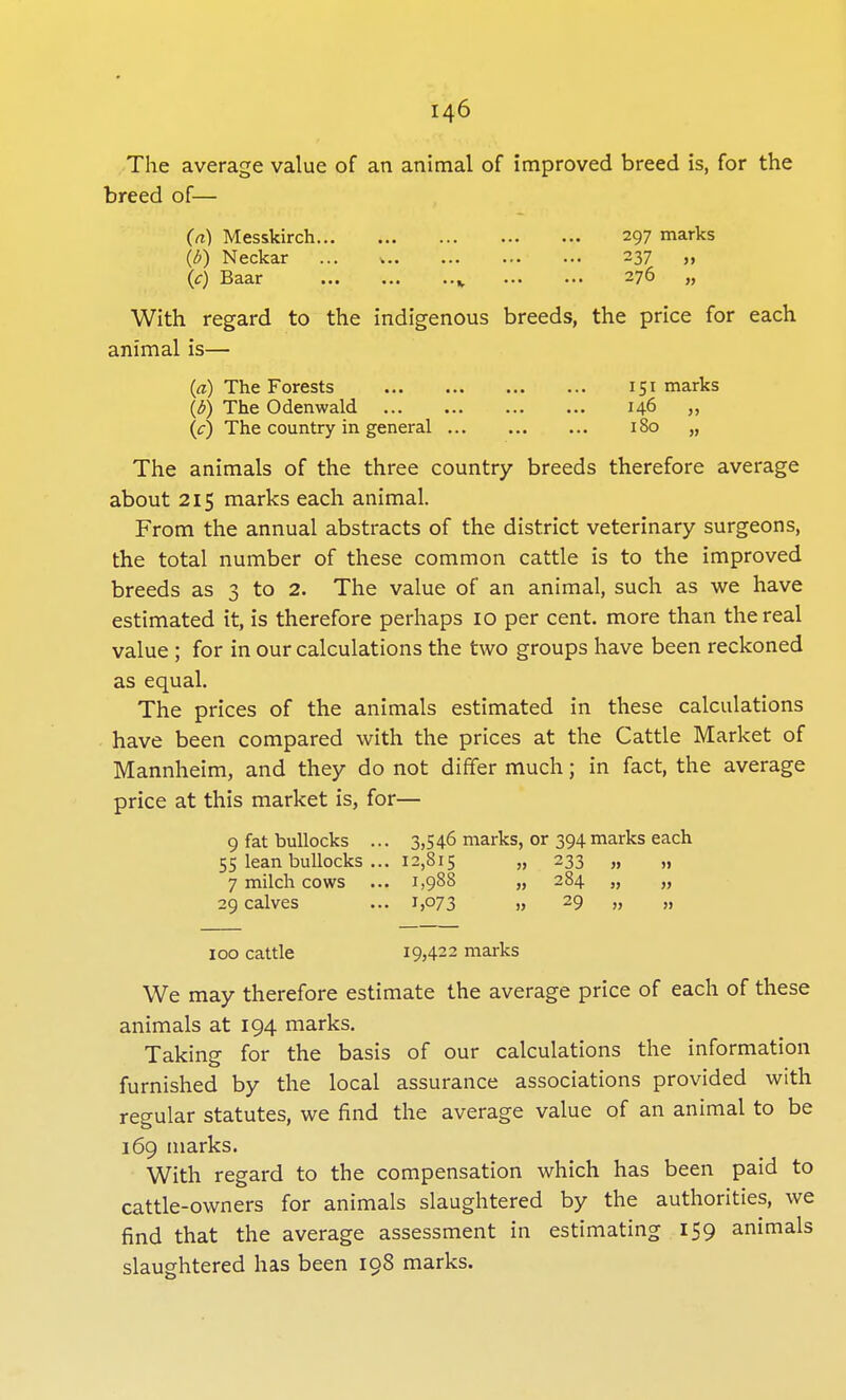 The average value of an animal of improved breed is, for the breed of— (a) Messkirch 297 marks (b) Neckar ... k 237 (c) Baar », 276 „ With regard to the indigenous breeds, the price for each animal is— (a) The Forests 151 marks (b) The Odenwald 146 „ (c) The country in general 180 „ The animals of the three country breeds therefore average about 215 marks each animal. From the annual abstracts of the district veterinary surgeons, the total number of these common cattle is to the improved breeds as 3 to 2. The value of an animal, such as we have estimated it, is therefore perhaps 10 per cent, more than the real value; for in our calculations the two groups have been reckoned as equal. The prices of the animals estimated in these calculations have been compared with the prices at the Cattle Market of Mannheim, and they do not differ much; in fact, the average price at this market is, for— 9 fat bullocks ... 3,546 marks, or 394 marks each 55 lean bullocks ... 12,815 „ 233 7 milch cows ... 1,988 „ 284 „ „ 29 calves ... 1,073 „ 29 „ „ 100 cattle I9>422 marks We may therefore estimate the average price of each of these animals at 194 marks. Taking for the basis of our calculations the information furnished by the local assurance associations provided with regular statutes, we find the average value of an animal to be 169 marks. With regard to the compensation which has been paid to cattle-owners for animals slaughtered by the authorities, we find that the average assessment in estimating 159 animals slaughtered has been 198 marks.