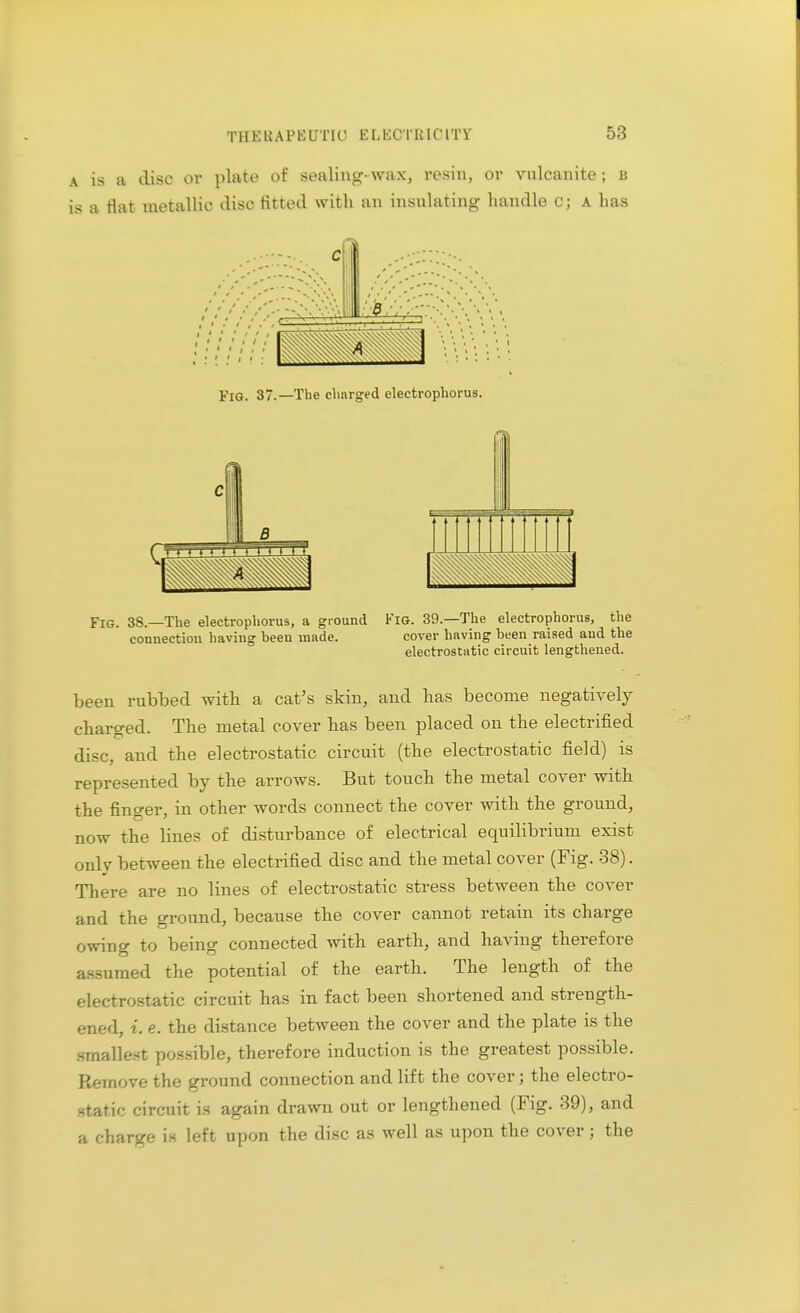 a is a disc or plate of sealing- wax, resin, or vulcanite ; b is a flat metallic disc fitted with an insulating handle c; A has Fig. 38.—The electropliorus, a ground Fig. 39.—The electrophorus, the connection liaving been made. cover having been raised aud the electrostatic circuit lengthened. been rubbed with a cat's skin, and has become negatively charged. The metal cover has been placed on the electrified disc, and the electrostatic circuit (the electrostatic field) is represented by the arrows. But touch the metal cover with the finger, in other words connect the cover with the ground, now the lines of disturbance of electrical equilibrium exist only between the electrified disc and the metal cover (Fig. 38). There are no lines of electrostatic stress between the cover and the ground, because the cover cannot retain its charge owing to being connected with earth, and having therefore assumed the potential of the earth. The length of the electrostatic circuit has in fact been shortened and strength- ened, i. e. the distance between the cover and the plate is the smallest possible, therefore induction is the greatest possible. Remove the ground connection and lift the cover; the electro- static circuit is again drawn out or lengthened (Fig. 39), and a charge is left upon the disc as well as upon the cover; the