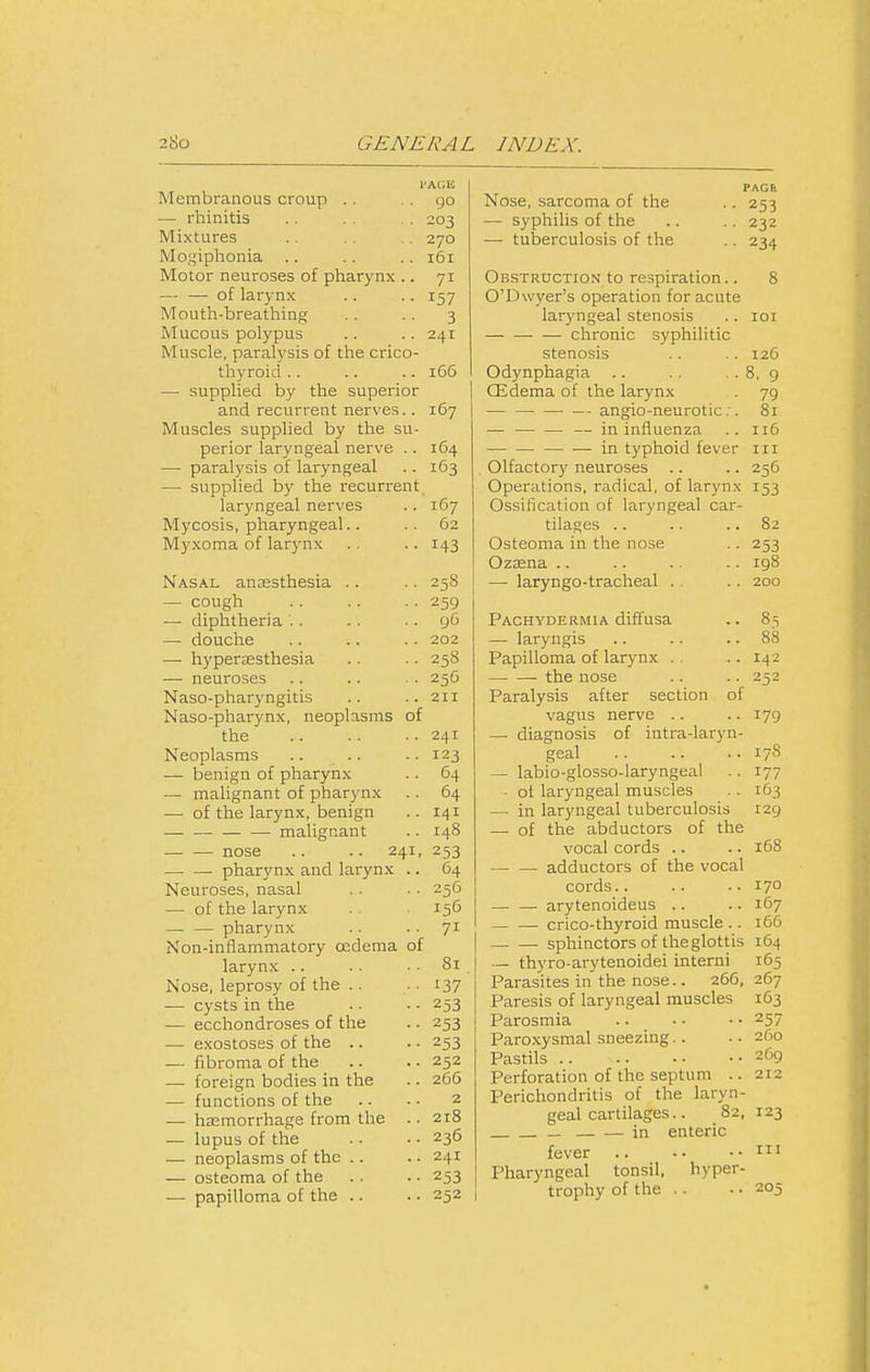 I'AGE Membranous croup .. .. go — rhinitis .. . . 203 Mixtures . . .. 270 Mo.qiphonia .. . . .. 161 Motor neuroses of pharynx .. 71 — — of larynx .. .. 157 Mouth-breathing . . .. 3 Mucous polypus .. .. 241 Muscle, paralysis of the crico- thyroid . . .. .. i65 — supplied by the superior and recurrent nerves.. 167 Muscles supplied by the su- perior laryngeal nerve .. 164 — paralysis of laryngeal .. 163 — supplied by the recurrent laryngeal nerves .. 167 Mycosis, pharyngeal.. .. 62 Myxoma of larynx .. .. 143 Nasal anresthesia .. .. 258 — cough .. .. .. 259 — diphtheria .. . . .. 96 — douche .. .. .. 202 — hyperassthesia . . .. 258 — neuroses .. .. •. 25O Naso-pharyngitis .. ..211 Naso-pharynx, neoplasms of the 241 Neoplasms .. .. . • 123 — benign of pharynx . . 64 — malignant of pharynx . . 64 — of the larynx, benign . . 141 malignant .. 148 nose .. .. 241, 253 • pharynx and larynx .. 64 Neuroses, nasal . . ■. 256 — of the larynx . 156 pharynx .. . . 71 Non-inflammatory oedema of larynx .. .. .. 81 Nose, leprosy of the .. .. 137 — cysts in the .. • • 253 — ecchondroses of the .. 253 ■— exostoses of the .. .. 253 — fibroma of the .. .. 252 — foreign bodies in the .. 266 ■— functions of the .. .. 2 — haemorrhage from the .. 218 — lupus of the .. .. 236 — neoplasms of the .. .. 241 — osteoma of the .. .. 253 — papilloma of the .. . • 252 PAGE Nose, sarcoma of the .. 253 — syphilis of the .. . . 232 — tuberculosis of the .. 234 Obstruction to respiration.. 8 O'Dwyer's operation for acute laryngeal stenosis .. 101 chronic syphilitic stenosis .. .. 126 Odynphagia .. .. . . 8, g CEdema of the larynx . 79 angio-neurotic.. 81 — — in influenza .. 116 in typhoid fever 111 Olfactory neuroses .. .. 256 Operations, radical, of larynx 153 Ossification of laryngeal car- tilages .. .. .. 82 Osteoma in the nose .. 253 OzEena .. .. .. .. 198 — laryngo-tracheal . , .. 200 Pachydermia diffusa .. 83 — laryngis .. .. .. 88 Papilloma of larynx .. .. 142 the nose .. .. 252 Paralysis after section of vagus nerve .. •• 179 — diagnosis of intra-laryn- geal .. .. .. 178 — labio-glosso-laryngeal .. 177 - ot laryngeal muscles .. 163 — in laryngeal tuberculosis 129 — of the abductors of the vocal cords .. .. 168 — — adductors of the vocal cords.. .. .. 170 — _ arytenoideus .. .. 167 — — crico-thyroid muscle .. 166 sphincters of the glottis 164 — thyro-arytenoidei interni 163 Parasites in the nose.. 266, 267 Paresis of laryngeal muscles 163 Parosmia .. ■ • ■ • 257 Paroxysmal sneezing. . .. 260 Pastils 2*^ Perforation of the septum .. 212 Perichondritis of the laryn- geal cartilages.. 82, 123 — .—^ in enteric fever Pharyngeal tonsil, hyper- trophy of the .. •■ 205