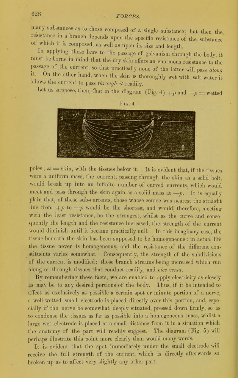 FORCES. many-substances as to those composed of a single substance; but then the resistance ,n a branch depends upon the specific resistance of the substance ot which It IS composed, as well as upon its size and length. In applying those laws to the passage of galvanism through the body, it must be borne in mind that the dry skin offers an enormous resistance to the passage of the current, so that practically none of the latter will pa.ss ahuff It. On the other hand, when the skin is thoroughly wet with salt water it allows the current to pass through it readily. Let us suppose, then, fliat in the diagram (Fig. 4) +p and —p = wetted Fig. 4. poles ; ss = skin, with the tissues below it. It is evident that, if the tissues were a uniform mass, the current, passing through the skin as a solid bolt, would break up into an infinite number of curved currents, which would meet and pass through the skin again as a solid mass at —^j. It is equally plain that, of these sub-currents, those whose course was nearest the straight line from -f-/; to —j) would be the shortest, and would, therefore, meeting with the least resistance, be the strongest, whilst as the curve and conse- quently the length and the resistance increased, the strength of the current would diminish until it became practically null. In this imaginary case, the tissue beneath the skin has been supposed to be homogeneous : in actual life the tissue never is homogeneous, and the resistance of the different con- stituents varies somewhat. Consequently, the strength of the subdivisions of the current is modified: those branch streams being increased which run along or through tissues that conduct readily, and vice versa. By remembering these facts, we are enabled to apply electricity as closely as may be to any desired portions of the body. Thus, if it be intended to affect as exclusively as possible a certain spot or minute portion of a nerve, a well-wetted small electrode is placed directly over this portion, and, espe- cially if the nerve be somewhat deeply situated, pressed down firmly, so as to condense the tissues as far as possible into a homogeneous mass, whilst a large wet electrode is placed at a small distance from it in a situation which the anatomy of the part will readily suggest. The diagram (Fig. 5) will perhaps illustrate this point more clearly than would many words. It is evident that the spot immediately under the small electrode will receive the full strength of the current, which is directly afterwards so broken up as to affect very slightly any other part.