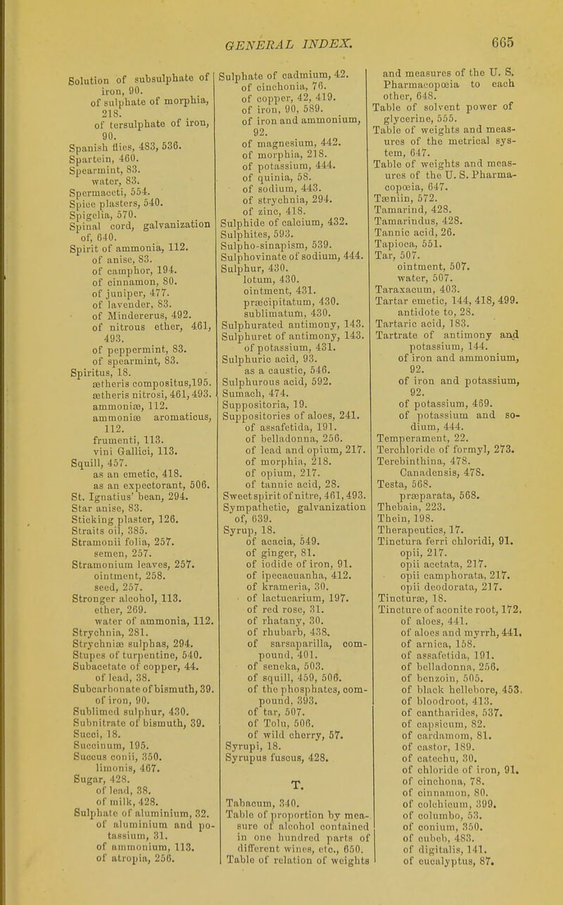Solution of subsulphate of iron, 90. of sulphale of morphia, 218. of tersulphate of iron, 90. Spanish flies, 483, 636. Spartcin, 460. Spearmint, 83. water, 83. Spermaceti, 554. Spiee plasters, 540. Spigelia, 570. Spinal cord, galvanization of, 640. Spirit of ammonia, 112. of anise, 83. of camphor, 194. of cinnamon, 80. of juniper, 477. of lavender, 83. of Mindererus, 492. of nitrous ether, 461, 493. of peppermint, 83. of spearmint, 83. Spiritus, IS. ajtheris compo8itu8,195. aetheris nitrosi, 461,493. ammonijB, 112. amraonise aromaticus, 112. frumenti, 113. vini Gallioi, 113. Squill, 457. as an emetic, 418. as an expectorant, 606. St. Ignatius' bean, 294. Star anise, 83. Sticking plaster, 126. Straits oil, 385. Stramonii folia, 257. semen, 257. Stramonium leaves, 257. ointment, 258. seed, 257. Stronger alcohol, 113. ether, 269. water of ammonia, 112. Strychnia, 281. Strychnia) sulphas, 294. Stupes of turpentine, 540. Subacetate of copper, 44. of lead, 38. Subcarbonate of bismuth, 39. of iron, 90. Sublimed sulphur, 430. Subnitratc of bismuth, 39. Sued, 18. Succinura, 195. Succus conii, 350. Union is, 467. Sugar, 428. of lead, 38. of milk, 428. Sulphate of aluminium, 32. of aluminium and po- tassiiitn, 31. of aminoniura, 113. of atropia, 250. Sulphate of cadmium, 42. of cinchonia, 76. of copper, 42, 419. of iron, 90, 589. of iron and ammonium, 92. of magnesium, 442. of morphia, 218. of potassium, 444. of quinia, 58. of sodium, 443. of strychnia, 294. of zinc, 418. Sulphide of calcium, 432. Sulphites, 593. Sulpho-sinapism, 539. Sulphovinate of sodium, 444. Sulphur, 430. lotum, 430. ointment, 431. praooipitatum, 430. sublimatum, 430. Sulphurated antimony, 143. Sulphuret of antimony, 143. of potassium, 431. Sulphuric acid, 93. as a caustic, 546. Sulphurous acid, 592. Sumach, 474. Suppositoria, 19. Suppositories of aloes, 241. of assafetida, 191. of belladonna, 256. of lead and opium, 217. of morphin, 218. of opium, 217. of tannic acid, 28. Sweet spirit of nitre, 461,493. Sympathetic, galvanization of, 639. Syrup, 18. of acacia, 549. of ginger, 81. of iodide of iron, 91. of ipecacuanha, 412. of krameria, 30. ■ of lactucarium, 197. of red rose, 31. of rhatany, 30. of rhubarb, 438, of sarsaparilla, com- pound, 401. of seneka, 503. of squill, 459, 606. of the phosphates, oom- pound, 393. of tar, 507. of Tolu, 506. of wild chorry, 57. Syrupi, 18. Syrupus fuscus, 428. T. Tabacum, 340. Table of projiortion by mea- sure of alcohol contained in one hundred parts of different wines, etc., 650. Table of relation of weights and measures of the U. S. Pharmacopoeia to each other, 648. Table of solvent power of glycerine, 555. Table of weights and meas- ures of the metrical sys- tem, 647. Table of weights and meas- ures of the U. S. Pharma- copoeia, 647. Taaniin, 572. Tamarind, 428. Tamarindus, 428. Tannic acid, 26. Tapioca, 551. Tar, 507. ointment, 507. water, 507. Taraxacum, 403. Tartar emetic, 144, 418, 499. antidote to, 28. Tartaric acid, 183. Tartrate of antimony ar^d potassium, 144. of iron and ammonium, 92. of iron and potassium, 92. of potassium, 469. of potassium and so- dium, 444. Temperament, 22. Terohloride of formyl, 273. Terebinthina, 478. Canadensis, 478. Testa, 668. prwparata, 668. Thebaia, 223. Thein, 198. Therapeutics, 17. Tinctura ferri chloridi, 91. opii, 217. opii aoetata, 217. opii camphorata, 217. opii deodorata, 217. TinoturfE, 18. Tincture of aconite root, 172, of aloes, 441. of aloes and myrrh, 441, of arnica, 158. of assafetida, 191. of belladonna, 256. of benzoin, 505. of black hellebore, 453, of bloodroot, 413. of cantharides, 537. of capsicum, 82. of cardamom, 81. of castor, 189. of catccliu, 30. of chloride of iron, 91, of cinchona, 78. of cinnamon, 80. of colchicum, 399. of columbo, 53. of conium, 350. of oubcb, 483. of digitalis, 141. of eucalyptus, 87.