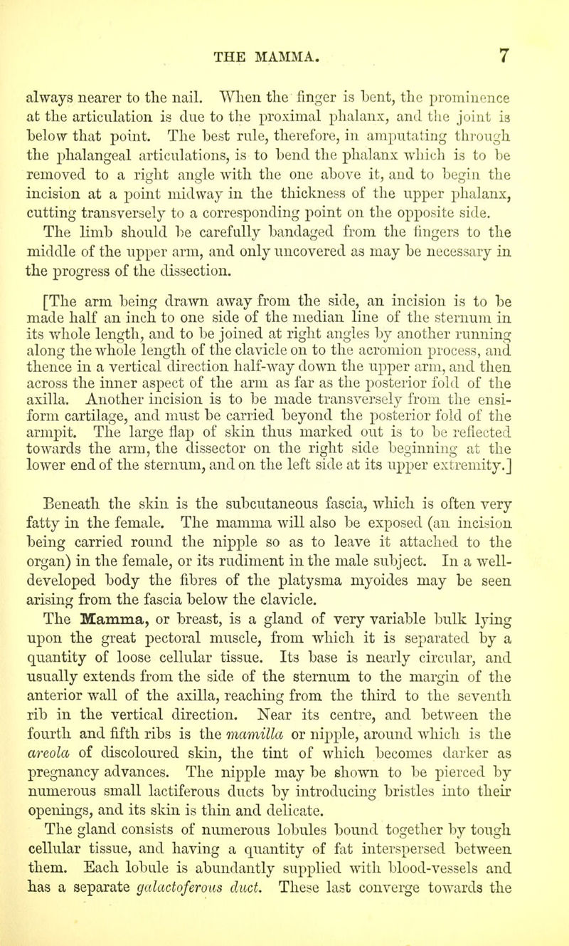 always nearer to the nail. When the finger is bent, the prominence at the articulation is clue to the proximal phalanx, and the joint is below that point. The best rule, therefore, in amputating through the phalangeal articulations, is to bend the phalanx which is to be removed to a right angle with the one above it, and to begin the incision at a point midway in the thickness of the upper phalanx, cutting transversely to a corresponding point on the opposite side. The limb should be carefully bandaged from the fingers to the middle of the upper arm, and only uncovered as may be necessary in the progress of the dissection. [The arm being drawn away from the side, an incision is to be made half an inch to one side of the median line of the sternum in its whole length, and to be joined at right angles by another running along the whole length of the clavicle on to the acromion process, and. thence in a vertical direction half-way down the upper arm, and then across the inner aspect of the arm as far as the posterior fold of the axilla. Another incision is to be made transversely from the ensi- form cartilage, and must be carried beyond the posterior fold of the armpit. The large nap of skin thus marked out is to be reflected towards the arm, the dissector on the right side beginning at the lower end of the sternum, and on the left side at its upper extremity.] Beneath the skin is the subcutaneous fascia, which is often very fatty in the female. The mamma will also be exposed (an incision being carried round the nipple so as to leave it attached to the organ) in the female, or its rudiment in the male subject. In a well- developed body the fibres of the platysma myoides may be seen arising from the fascia below the clavicle. The Mamma, or breast, is a gland of very variable bulk lying upon the great pectoral muscle, from which it is separated by a quantity of loose cellular tissue. Its base is nearly circular, and usually extends from the side of the sternum to the margin of the anterior wall of the axilla, reaching from the third to the seventh rib in the vertical direction. Near its centre, and between the fourth and fifth ribs is the mamilla or nipple, around which is the areola of discoloured skin, the tint of which becomes darker as pregnancy advances. The nipple may be shown to be pierced by numerous small lactiferous ducts by introducing bristles into their openings, and its skin is thin and delicate. The gland consists of numerous lobules bound together by tough cellular tissue, and having a quantity of fat interspersed between them. Each lobule is abundantly supplied with blood-vessels and has a separate galactoferous duct These last converge towards the