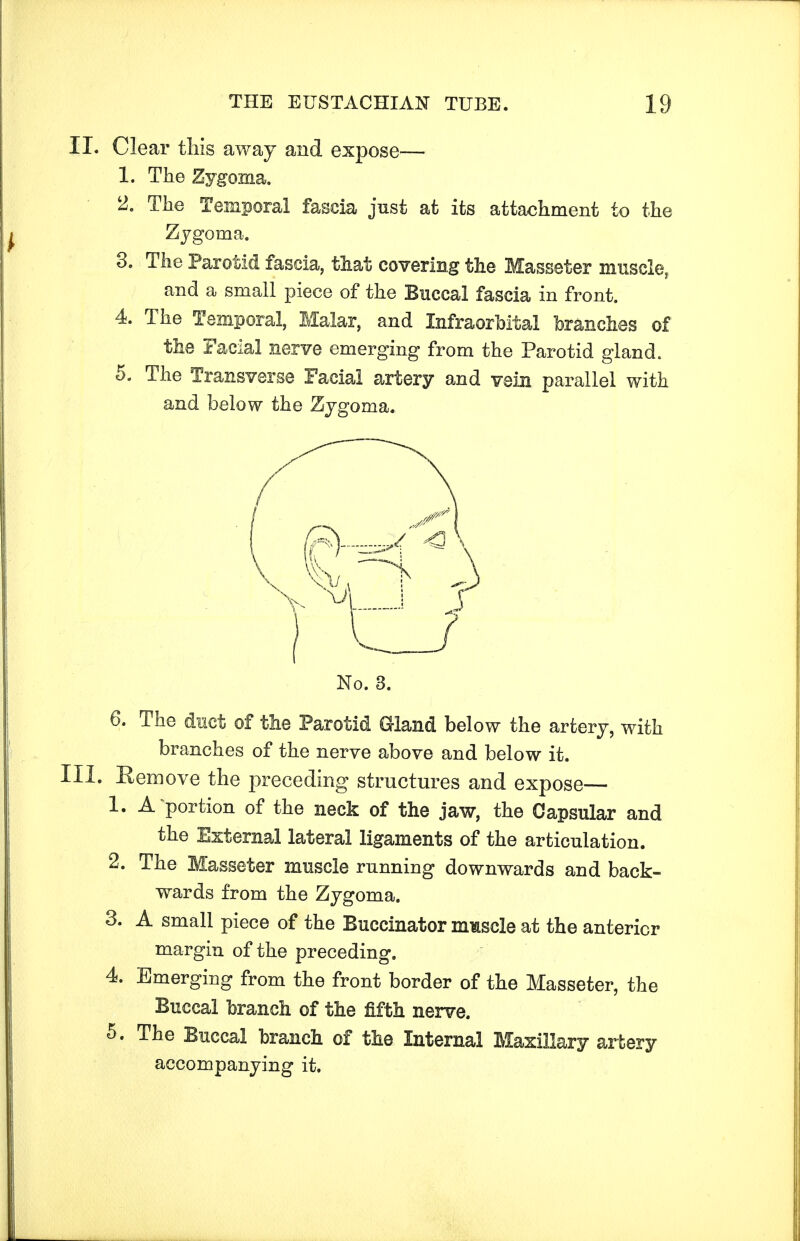 II. Clear this away and expose— 1. The Zygoma. 2. The Temporal fascia just at its attachment to the Zygoma. 3. The Parotid fascia, that covering the Masseter muscle, and a small piece of the Buccal fascia in front. 4. The Temporal, Malar, and Infraorbital branches of the Facial nerve emerging from the Parotid gland. 5. The Transverse Facial artery and vein parallel with and below the Zygoma. No. 3. 6. The duct of the Parotid Gland below the artery, with branches of the nerve above and below it. Remove the preceding structures and expose— 1. A portion of the neck of the jaw, the Capsular and the External lateral ligaments of the articulation. 2. The Masseter muscle running downwards and back- wards from the Zygoma. 3. A small piece of the Buccinator muscle at the anterior margin of the preceding. 4. Emerging from the front border of the Masseter, the Buccal branch of the fifth nerve. 5. The Buccal branch of the Internal Maxillary artery accompanying it.