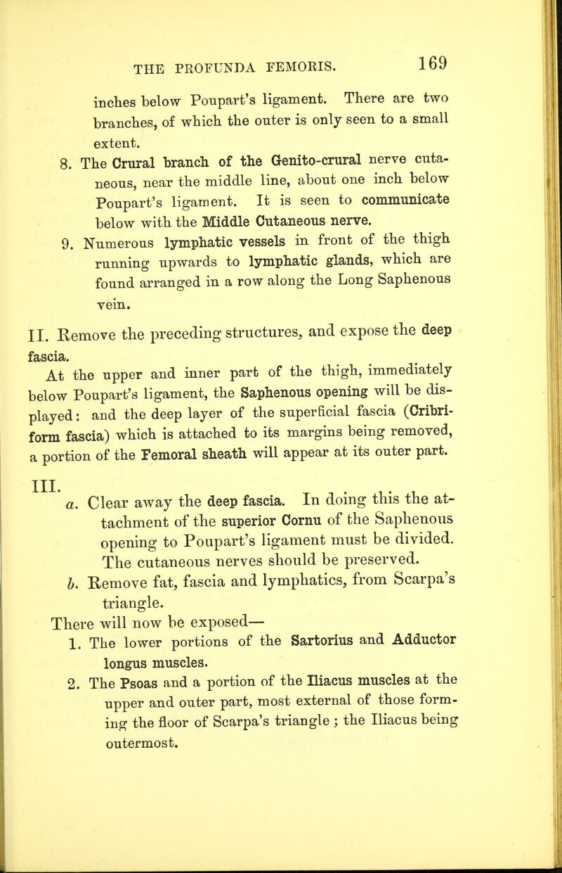 inches below Poupart's ligament. There are two branches, of which the outer is only seen to a small extent. 8. The Crural branch of the Genito-crural nerve cuta- neous, near the middle line, about one inch below Poupart's ligament. It is seen to communicate below with the Middle Cutaneous nerve. 9. Numerous lymphatic vessels in front of the thigh running upwards to lymphatic glands, which are found arranged in a row along the Long Saphenous vein. II. Remove the preceding structures, and expose the deep fascia. At the upper and inner part of the thigh, immediately below Poupart's ligament, the Saphenous opening will be dis- played : and the deep layer of the superficial fascia (Cribri- form fascia) which is attached to its margins being removed, a portion of the Femoral sheath will appear at its outer part. a. Clear away the deep fascia. In doing this the at- tachment of the superior Cornu of the Saphenous opening to Poupart's ligament must be divided. The cutaneous nerves should be preserved. b. Eemove fat, fascia and lymphatics, from Scarpa's triangle. There will now be exposed— 1. The lower portions of the Sartorius and Adductor longus muscles. 2. The Psoas and a portion of the Iliacus muscles at the npper and outer part, most external of those form- ing the floor of Scarpa's triangle ; the Iliacus being outermost.