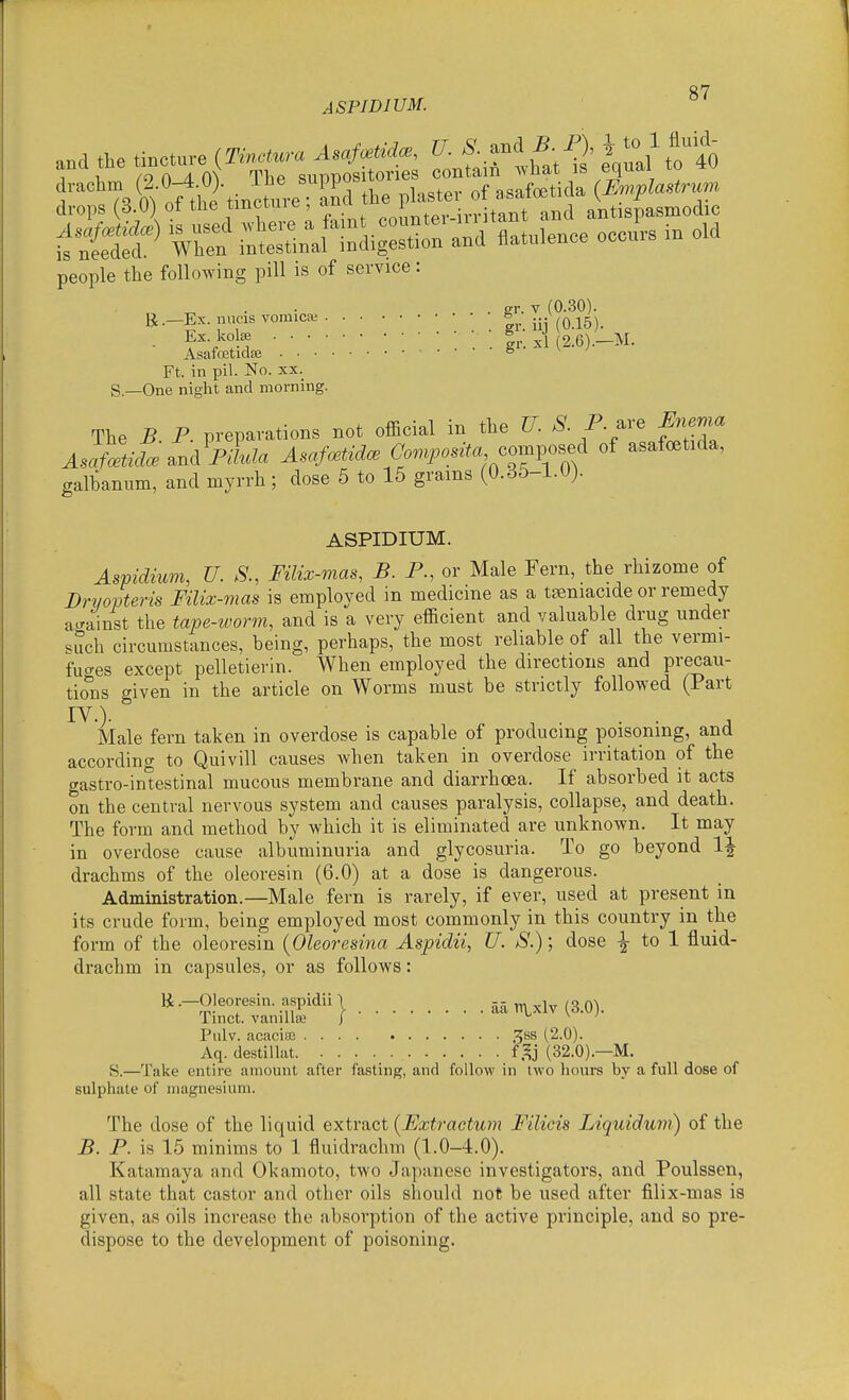 ASPIDIUM. a.d the tincture (Tincmra Asaf^tU., U.S^-^A B^P); tnl'to^^O drops (3.0) ot the tincture, anu • ^ antispasmodic t^S^ W^n tS^JrS:^^ «a-.e.ce occurs in old people the following pill is of service: . gr. V (0.30). R .—Ex. nucis vomica! S . ^.^j^^^ Ft. in pil. No. xx. S.—One night and morning. The B P preparations not oflScial in the U. S. P. are Enema Asamd..Jplla Asafa^tidc. Composita^ c^^^^^^ of asafcBtida, galbanum, and myrrh; dose 5 to 15 grains (0.35-l.U). ASPIDIUM. Aspidium, U. S., FiUx-mas, B. P., or Male Fern, the rhizome of Bryopteris Filix-mas is employed in medicine as a tasniacide or remedy against the tape-worm, and is a very efficient and valuable drug under such circumstances, being, perhaps, the most reliable of all the vermi- fuo-es except pelletierin. When employed the directions and precau- tiolis given in the article on Worms must be strictly followed (Part IV.). - A Male fern taken in overdose is capable of producing poisoning, and according to Quivill causes when taken in overdose irritation of the gastro-intestinal mucous membrane and diarrhoea. If absorbed it acts on the central nervous system and causes paralysis, collapse, and death. The form and method by which it is eliminated are unknown. It may in overdose cause albuminuria and glycosuria. To go beyond 1|- drachms of the oleoresin (6.0) at a dose is dangerous. Administration.—Male fern is rarely, if ever, used at present in its crude form, being employed most commonly in this country in the form of the oleoresin {Oleoresina Aspidii, U. S.); dose to 1 fluid- drachm in capsules, or as follows: li. Oleoresin. aspidii 1 -- ^^ q^ Tmct. vanillBe j u \ ^ Pulv. acacisB .^ss (2.0). Aq. destiUat f.^j (32.0).—M. S.—Take entire amount after fasting, and follow in two hours by a full dose of sulphate of magnesium. The dose of the liquid extract [Extractum Filicis Liquidum) of the B. P. is 15 minims to 1 fluidrachm (1.0-4.0). Katamaya and Okamoto, two Japanese investigators, and Poulssen, all state that castor and other oils should not be used after filix-mas is given, as oils increase the absorption of the active principle, and so pre- dispose to the development of poisoning.