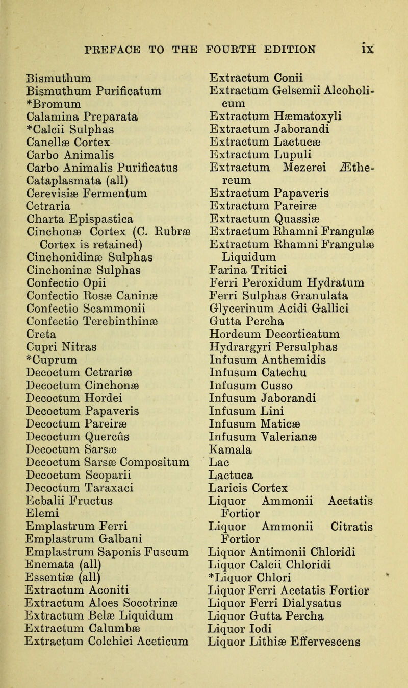 Bismuthum Bismuthum Purificatum *Bromum Calamina Preparata *Calcii Sulphas Canellae Cortex Carbo Animalis Carbo Animalis Purificatus Cataplasmata (all) Cerevisise Fermentum Cetraria Charta Epispastica Cinchonae Cortex (C. Eubrae Cortex is retained) Cinchonidinse Sulphas Cinchoninas Sulphas Confectio Opii Confectio Eosae Caninae Confectio Scammonii Confectio TerebinthinaB Creta Cupri Nitras *Cuprum Decoctum Cetrarise Decoctum Cinchonas Decoctum Hordei Decoctum Papaveris Decoctum Pareirae Decoctum Quercus Decoctum Sarste Decoctum Sars® Compositum Decoctum Scoparii Decoctum Taraxaci Ecbalii Fructus Elemi Emplastrum Ferri Emplastrum Galbani Emplastrum Saponis Fuscum Enemata (all) Essentia (all) Extractum Aconiti Extractum Aloes Socotrinas Extractum Belae Liquidum Extractum Calumbae Extractum Colchici Aceticum Extractum Conii Extractum Gelsemii Alcoholi- cum Extractum Hasmatoxyli Extractum Jaborandi Extractum Lactucas Extractum Lupuli Extractum Mezerei Mthe- reum Extractum Papaveris Extractum PareiraB Extractum Quassiae Extractum Ehamni Frangulae Extractum Ehamni FrangulaB Liquidum Farina Tritici Ferri Peroxidum Hydratum Ferri Sulphas Granulata Glycerinum Acidi Gallici Gutta Percha Hordeum Decorticatum Hydrargyri Persulphas Infusum Anthemidis Infusum Catechu Infusum Cusso Infusum Jaborandi Infusum Lini Infusum Maticae Infusum ValerianaB Kamala Lac Lactuca Laricis Cortex Liquor Ammonii Acetatis Fortior Liquor Ammonii Citratis Fortior Liquor Antimonii Chloridi Liquor Calcii Chloridi *Liquor Chlori Liquor Ferri Acetatis Fortior Liquor Ferri Dialysatus Liquor Gutta Percha Liquor lodi Liquor Lithiae Effervescens