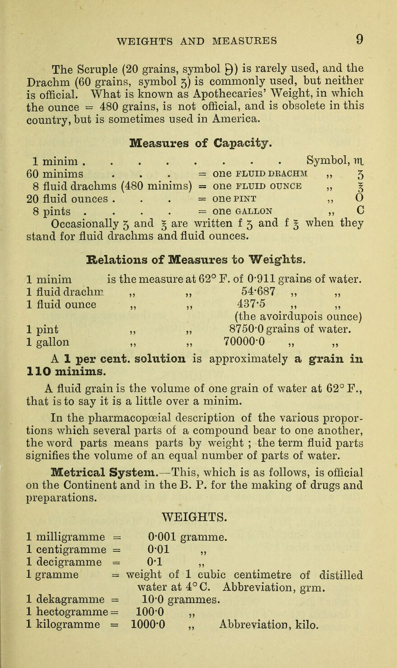 The Scruple (20 grains, symbol B) is rarely used, and the Drachm (60 grains, symbol 5) is commonly used, but neither is official. What is known as Apothecaries' Weight, in which the ounce = 480 grains, is not official, and is obsolete in this country, but is sometimes used in America. Measures of Capacity. 1 minim Symbol, lu 60 minims . . . = one fluid deachm „ 5 8 fluid drachms (480 minims) = one fluid ounce „ § 20 fluid ounces . . . = one pint „ O 8 pints . . . . = one gallon ,, C Occasionally 5 and § are written f 5 and f § when they stand for fluid drachms and fluid ounces. Relations of Measures to Weiglits. 1 minim is the measure at 62° F. of 0-911 grains of water. 1 fluid drachm, „ „ 54-687 „ 1 fluid ounce „ „ 437*5 „ „ (the avoirdupois ounce) 1 pint ,, „ 8750*0 grains of water. 1 gallon „ „ 70000-0 A 1 per cent, solution is approximately a grain in 110 minims. A fluid grain is the volume of one grain of water at 62° F., that is to say it is a little over a minim. In the pharmacopoeial description of the various propor- tions which several parts of a compound bear to one another, the word parts means parts by weight ; the term fluid parts signifies the volume of an equal number of parts of water. Metrical System.—This, which is as follows, is official on the Continent and in the B. P. for the making of drugs and preparations. WEIGHTS. 1 milligramme 0-001 gramme. 1 centigramme = 0-01 „ 1 decigramme = 0*1 ,, 1 gramme = weight of 1 cubic centimetre of distilled water at 4° C. Abbreviation, grm. 1 dekagramme - 10*0 grammes. 1 hectogramme = 100-0 „ 1 kilogramme = 1000*0 ,, Abbreviation, kilo.