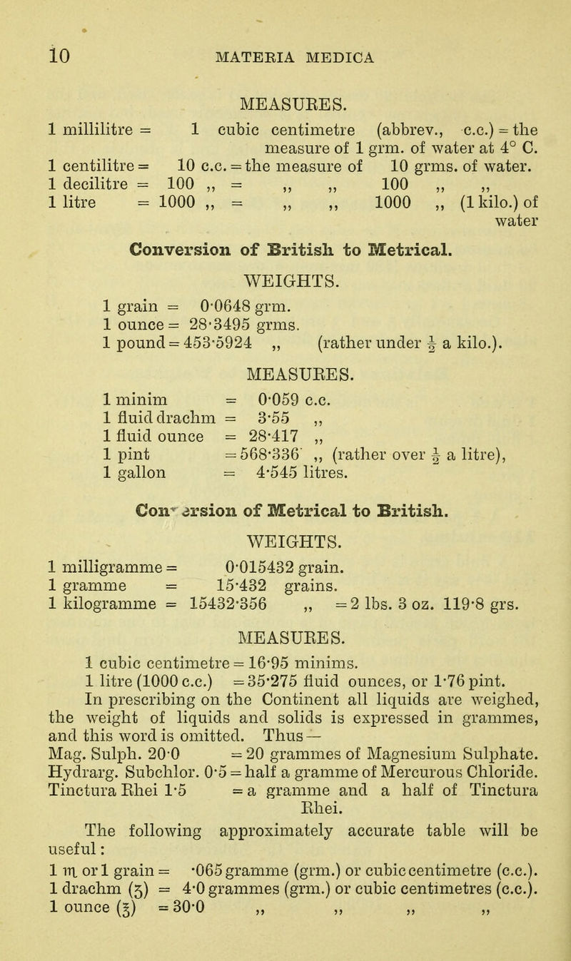 io MEASUEES. 1 millilitre = 1 cubic centimetre measure of 1, 1 centilitre = 10 c.c. = the measure of 1 decilitre = 100 ,, = „ 1 litre = 1000 „ = (abbrev., c.c.) = the >rm. of water at 4° C. 10 grms. of water. 100 „ 1000 „ (1 kilo.) of water Conversion of British to Metrical. WEIGHTS. 1 grain = 0-0648 grm. 1 ounce = 28*3495 grms. 1 pound = 453-5924 „ (rather under J a kilo.). MEASUEES. 1 minim = 0-059 c.c. 1 fluid drachm = 3*55 ,, 1 fluid ounce = 28*417 „ 1 pint =568*336' ,, (rather over J a litre), 1 gallon = 4*545 litres. Con* arsion of Metrical to British. WEIGHTS. 1 milligramme = 0-015432 grain. 1 gramme = 15*432 grains. 1 kilogramme = 15432*356 „ =2 lbs. 3 oz. 119*8 grs. MEASUEES. 1 cubic centimetre = 16*95 minims. 1 litre (1000 c.c.) = 35*275 fluid ounces, or 1*76 pint. In prescribing on the Continent all liquids are weighed, the weight of liquids and solids is expressed in grammes, and this word is omitted. Thus Mag. Sulph. 20-0 = 20 grammes of Magnesium Sulj)hate. Hydrarg. Subchlor. 0*5 = half a gramme of Mercurous Chloride. Tinctura Ehei 1*5 = a gramme and a half of Tinctura Ehei. The following approximately accurate table will be useful: 1 lU or 1 grain = *065 gramme (grm.) or cubic centimetre (c.c). 1 drachm (5) = 4*0 grammes (grm.) or cubic centimetres (c.c).