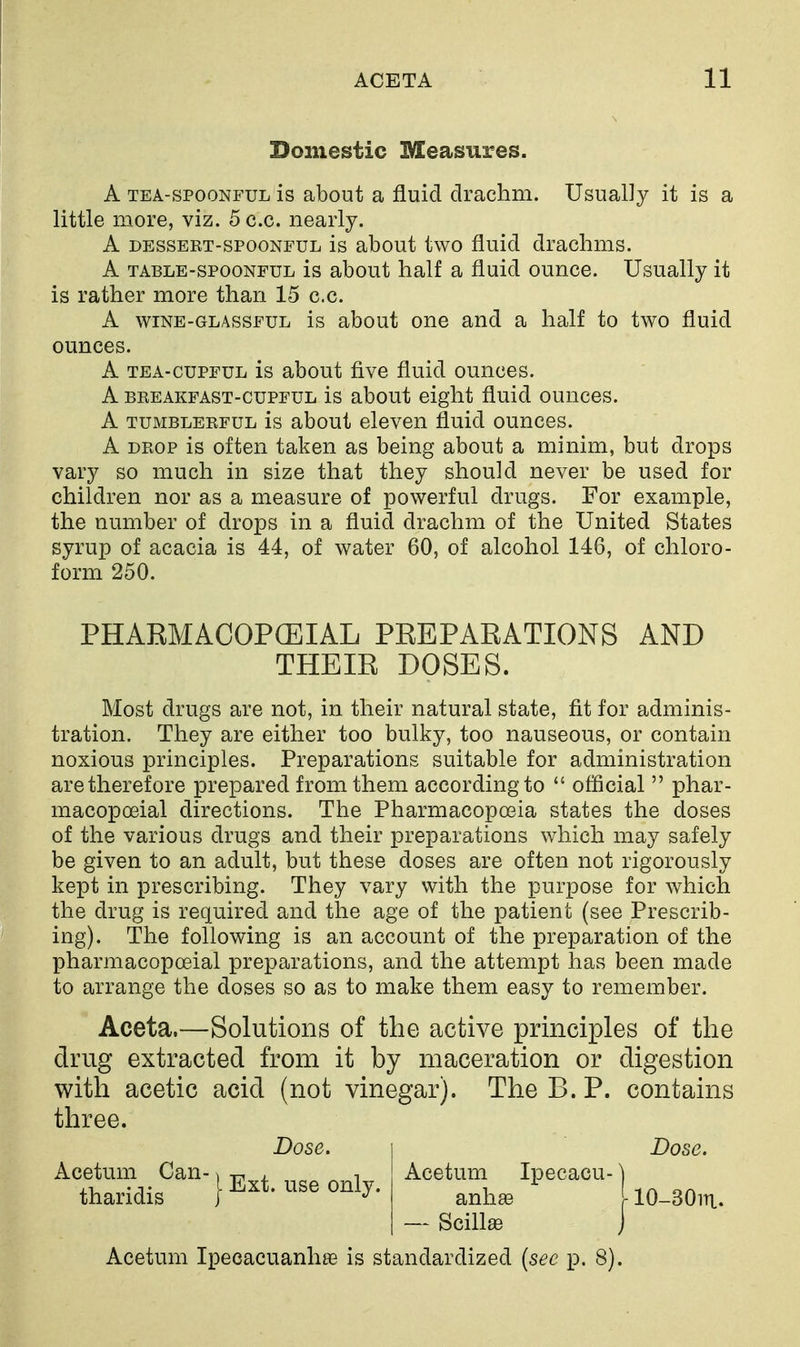 Domestic Measures. A TEA-SPOONFUL is about a fluid drachm. UsuaDy it is a little more, viz. 5 c.c. nearly. A DEssEET-spooNFUL is about two fluid drachms. A TABLE-SPOONFUL is about half a fluid ounce. Usually it is rather more than 15 c.c. A WINE-GLASSFUL is about one and a half to two fluid ounces. A TEA-CUPFUL is about five fluid ounces. A BEEAKFAST-cuPFUL is about eight fluid ounces. A TUMBLEEFUL is about clcvcn fluid ounces. A DEOP is often taken as being about a minim, but drops vary so much in size that they should never be used for children nor as a measure of powerful drugs. For example, the number of drops in a fluid drachm of the United States syrup of acacia is 44, of water 60, of alcohol 146, of chloro- form 250. PHARMACOPCEIAL PREPARATIONS AND Most drugs are not, in their natural state, fit for adminis- tration. They are either too bulky, too nauseous, or contain noxious principles. Preparations suitable for administration are therefore prepared from them according to  official  phar- macopoeial directions. The Pharmacopoeia states the doses of the various drugs and their preparations which may safely be given to an adult, but these doses are often not rigorously kept in prescribing. They vary with the purpose for which the drug is required and the age of the patient (see Prescrib- ing). The following is an account of the preparation of the pharmacopoeial preparations, and the attempt has been made to arrange the doses so as to make them easy to remember. Aceta.—Solutions of the active principles of the drug extracted from it by maceration or digestion with acetic acid (not vinegar). The B. P. contains three. THEIR DOSES. Dose. ^ 1 Acetum . use only. , anil a — Scillse lO-SOin. Dose. Acetum Ipecacuanhas is standardized (sec p. 8).