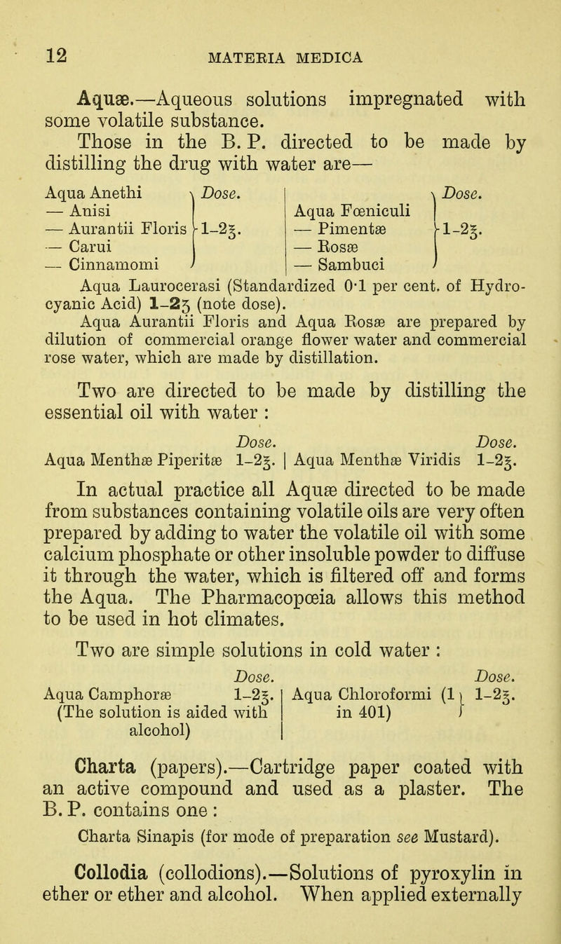 Aquge.—Aqueous solutions impregnated with some volatile substance. Those in the B. P. directed to be made by distilling the drug with water are— Aqua Anethi \ Dose. — Anisi — Aurantii Floris rl-2§. — Carui — Cinnamomi / \ Dose. Aqua Foeniculi | — Pimentse [l-^g. — Eosae — Sambuci ^ Aqua Laurocerasi (Standardized 0*1 per cent, of Hydro- cyanic Acid) 1-25 (note dose). Aqua Aurantii Floris and Aqua Eosas are prepared by dilution of commercial orange flower water and commercial rose water, which are made by distillation. Two are directed to be made by distilling the essential oil with water : Dose. Dose. Aqua Menthse PiperitaB l-2§. | Aqua Mentha^ Viridis l-2§. In actual practice all Aquae directed to be made from substances containing volatile oils are very often prepared by adding to water the volatile oil with some calcium phosphate or other insoluble powder to diffuse it through the water, which is filtered off and forms the Aqua. The Pharmacopoeia allows this method to be used in hot climates. Two are simple solutions in cold water : Dose. Dose. Aqua Camphors (The solution is aided with alcohol) Aqua Chloroformi (1) l-2§. in 401) J Charta (papers).—Cartridge paper coated with an active compound and used as a plaster. The B. P. contains one : Charta Sinapis (for mode of preparation see Mustard). CoUodia (collodions).—Solutions of pyroxylin in ether or ether and alcohol. When applied externally