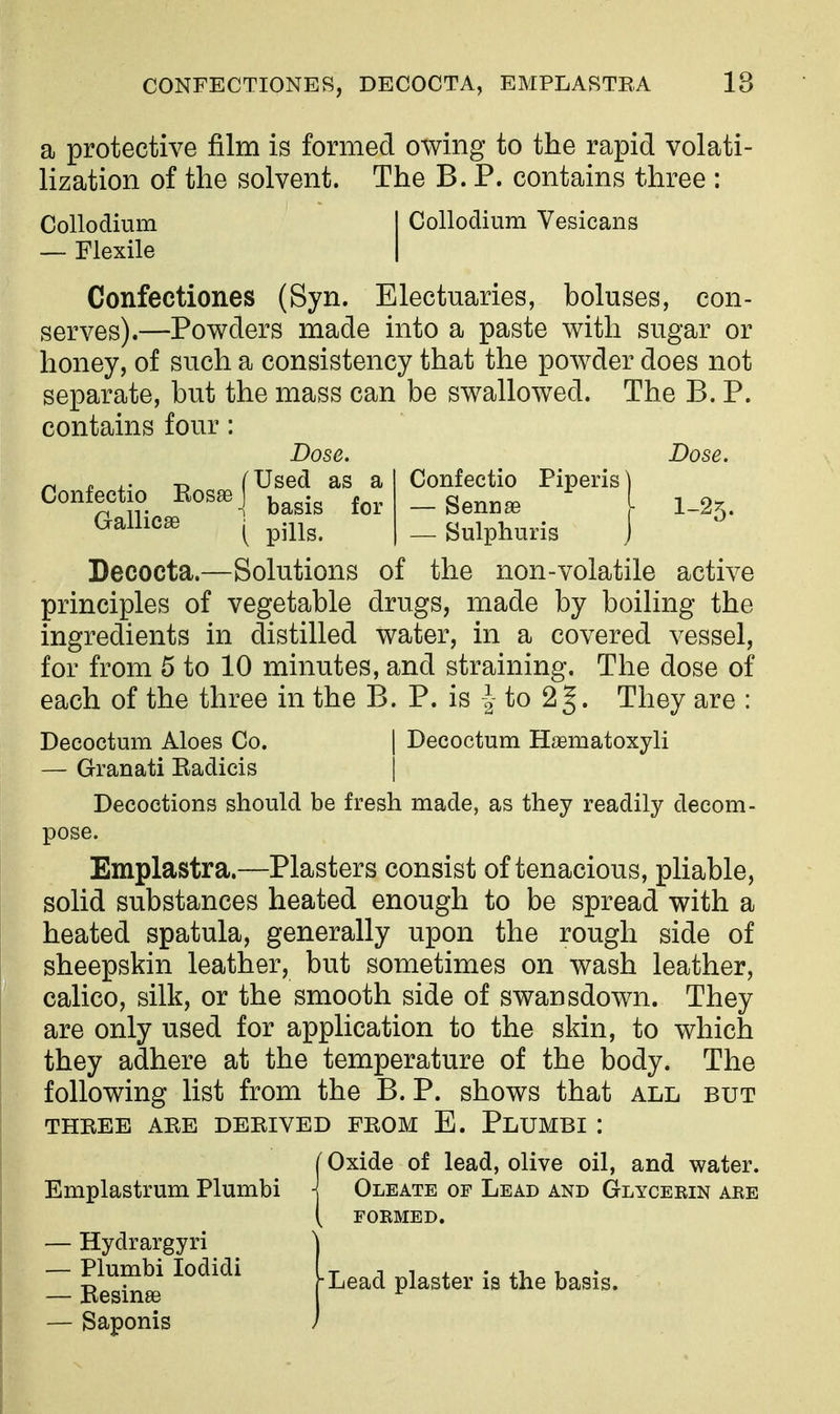 CONFECTIONES, DECOCTA, EMPLARTRA 18 a protective film is formed owing to the rapid volati- lization of the solvent. The B. P. contains three : Collodium I Collodium Vesicans — Flexile | Confectiones (Syn. Electuaries, boluses, con- serves).—Powders made into a paste with sugar or honey, of such a consistency that the powder does not separate, but the mass can be swallowed. The B. P. contains four: Dose. Dose. Confectio Piperis ] ^ „ ,. -D (Used as a Confectio Eos» ^^^j^ Galilean ^ ■ Sennse v I-25. - Sulpliuris j Decocta.—Solutions of the non-volatile active principles of vegetable drugs, made by boiling the ingredients in distilled water, in a covered vessel, for from 5 to 10 minutes, and straining. The dose of each of the three in the B. P. is \ to 2^. They are : Decoctum Aloes Co. | Decoctum Hjematoxyli — Granati Eadieis | Decoctions should be fresh made, as they readily decom- pose. Emplastra.—Plasters consist of tenacious, pliable, solid substances heated enough to be spread with a heated spatula, generally upon the rough side of sheepskin leather, but sometimes on wash leather, calico, silk, or the smooth side of swansdown. They are only used for application to the skin, to which they adhere at the temperature of the body. The following list from the B. P. shows that all but THBEE ARE DERIVED FROM E. PlUMBI : I Oxide of lead, olive oil, and water. Emplastrum Plumbi j Oleate of Lead and Glycerin are — Hydrargyri — Plumbi I — Besinse — Saponis