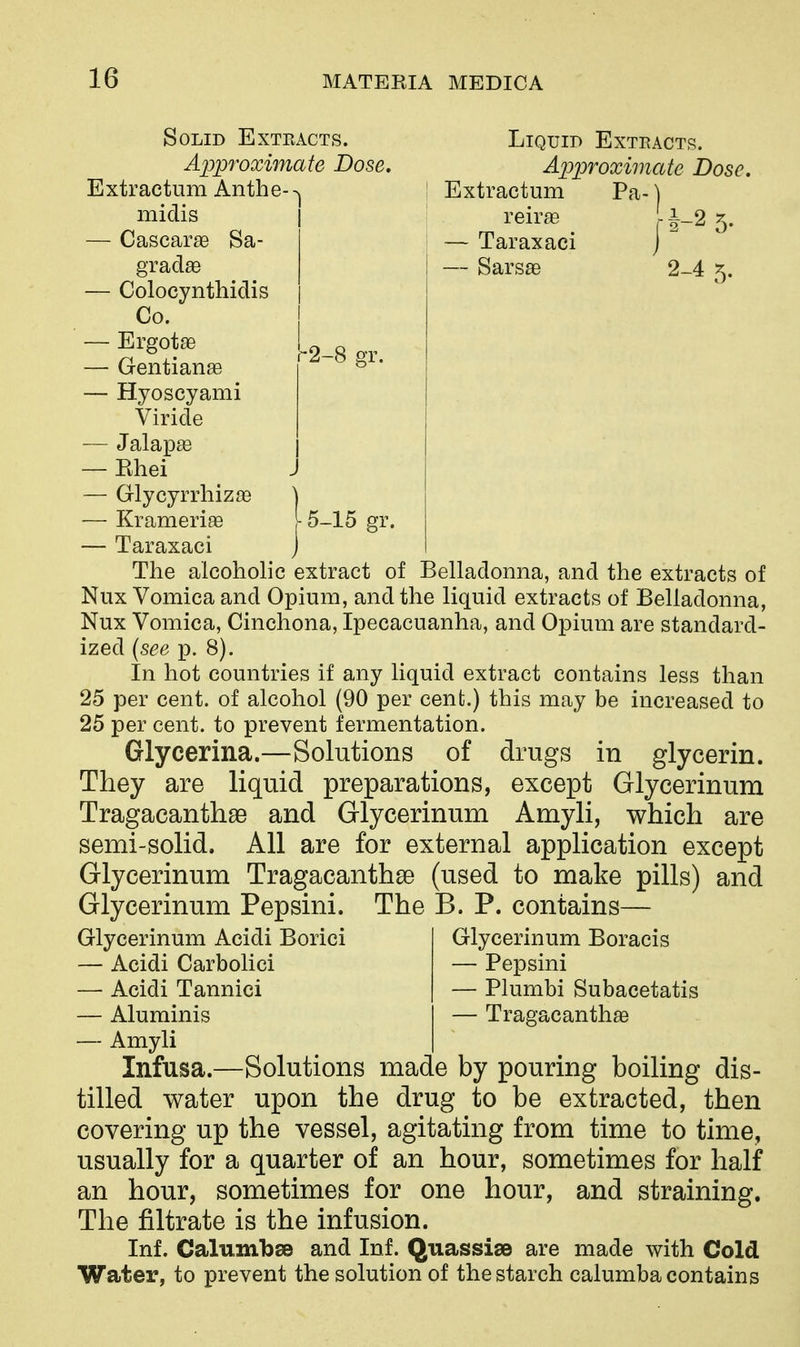 Solid Exteacts. Ap;proximate Dose. Extractum Anthe->j miclis — Cascarae Sa- gradaa Liquid Exteactr. A]jproximate Dose. Extractum Pa- ] reiras li_2 5. — Taraxaci j  — Sarsse 2-4 5. — Colocynthidis Co. — Ergotae — Gentianae — Hyoscyami Viride — Jalap^e — Ehei — Glycyrrhiz[e The alcoholic extract of Belladonna, and the extracts of Nux Vomica and Opium, and the liquid extracts of Belladonna, Nux Vomica, Cinchona, Ipecacuanha, and Opium are standard- ized (see p. 8). In hot countries if any liquid extract contains less than 25 per cent, of alcohol (90 per cent.) this may be increased to 25 per cent, to prevent fermentation. Glycerina.—Solutions of drugs in glycerin. They are liquid preparations, except Glycerinum Tragacanthae and Glycerinum Amyli, which are semi-solid. All are for external application except Glycerinum Tragacanthee (used to make pills) and Glycerinum Pepsini. The B. P. contains— Glycerinum Acidi Borici Glycerinum Boracis — Acidi Carbolici — Pepsini — Acidi Tannici — Plumbi Subacetatis — Aluminis — Tragacanthae — Amyli Infusa.—Solutions made by pouring boiling dis- tilled water upon the drug to be extracted, then covering up the vessel, agitating from time to time, usually for a quarter of an hour, sometimes for half an hour, sometimes for one hour, and straining. The filtrate is the infusion. Inf. CalumbsB and Inf. Quassise are made with Cold Water, to prevent the solution of the starch calumba contains — Krameriae — Taraxaci