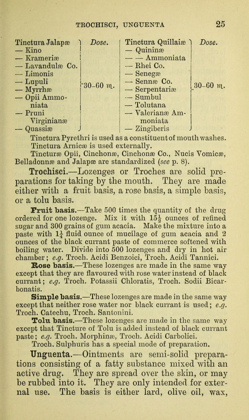 Tinctura Jalapae — Kino — Krameriffi — Lavandulae Co. — Limonis — Lupuli — Myrrh 83 — Opii Ammo- niata — Pruni Virginianse — Quassias ^30-GO 111. 30-60 TTi. 1 Dose. Tinctura Quillaise ^ Dose. — Quininse Ammoniata — Rhei Co. — Senegas — Sennas Co. — Serpentariffi — Sumbul — Tolutana — Valerianae Am- moniata — Zingiberis Tinctura Pyrethri is used as a constituent of mouthwashes. Tinctura Arnicae is used externally. Tinctur^e Opii, Cinchonas, Cinchonas Co., Nucis Vomicae, Belladonnae and Jalapae are standardized (see p. 8). TrocMsci.—Lozenges or Troches are solid pre- parations for taking by the mouth. They are made either with a fruit basis, a rose basis, a simple basis, or a tolu basis. Fruit basis.—Take 500 times the quantity of the drug ordered for one lozenge. Mix it with 15J ounces of refined sugar and 300 grains of gum acacia. Make the mixture into a paste with IJ fluid ounce of mucilage of gum acacia and 2 ounces of the black currant paste of commerce softened with boiling water. Divide into 500 lozenges and dry in hot air chamber; e.g. Troch. Acidi Benzoici, Troch. Acidi Tannici. Hose basis.—These lozenges are made in the same way except that they are flavoured with rose water instead of black currant; e.g. Troch. Potassii Chloratis, Troch. Sodii Bicar- bonatis. Simple basis.—These lozenges are made in the same way except that neither rose water nor black currant is used; e.g. Troch. Catechu, Troch. Santonini. Tolu basis.—These lozenges are made in the same way except that Tincture of Tolu is added instead of black currant paste; e.g. Troch. Morphinas, Troch. Acidi Carbolici. Troch. Sulphuris has a special mode of preparation. Unguenta.—Ointments are semi-solid prepara- tions consisting of a fatty substance mixed with an active drug. They are spread over the skin, or may be rubbed into it. They are only intended for exter- nal use. The basis is either lard, olive oil, wax.