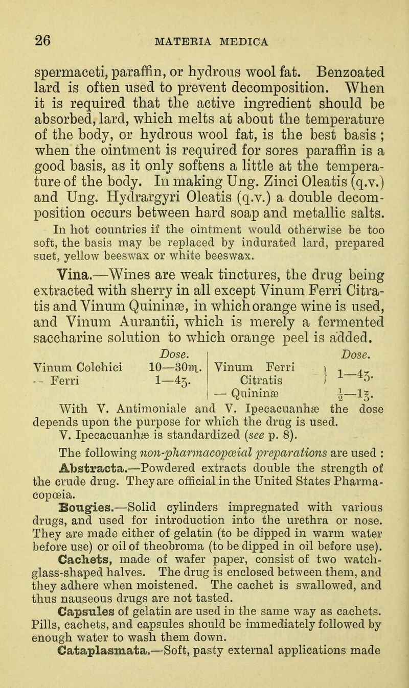 spermaceti, paraffin, or hydrous wool fat. Benzoated lard is often used to prevent decomposition. When it is required that the active ingredient should be absorbed, lard, which melts at about the temperature of the body, or hydrous wool fat, is the best basis ; when the ointment is required for sores paraffin is a good basis, as it only softens a little at the tempera- ture of the body. In making Ung. Zinci Oleatis (q.v.) and Ung. Hydrargyri Oleatis (q.v.) a double decom- position occurs between hard soap and metallic salts. In hot countries if the ointment would otherwise be too soft, the basis may be replaced by indurated lard, prepared suet, yellow beeswax or white beeswax. Vina.—Wines are weak tinctures, the drug being extracted with sherry in all except Vinum Ferri Citra- tis and Vinum Quininse, in which orange wine is used, and Vinum Aurantii, which is merely a fermented saccharine solution to which orange peel is added. With V. Antimoniale and V. Ipecacuanhae the dose depends upon the purpose for which the drug is used. V. Ipecacuanhae is standardized {see p. 8). The following non-pharmaco2^oeial preparations are used : Abstracta.—Powdered extracts double the strength of the crude drug. They are official in the United States Pharma- copoeia. Bougies.—Solid cylinders impregnated with various drugs, and used for introduction into the urethra or nose. They are made either of gelatin (to be dipped in warm water before use) or oil of theobroma (to be dipped in oil before use). Cachets, made of wafer paper, consist of two watch- glass-shaped halves. The drug is enclosed between them, and they adhere when moistened. The cachet is swallowed, and thus nauseous drugs are not tasted. Capsules of gelatin are used in the same way as cachets. Pills, cachets, and capsules should be immediately followed by enough water to wash them down. Cataplasmata.—Soft, pasty external applications made Vinum Colchici Ferri Vinum Ferri Citratis — Quininse Dose.
