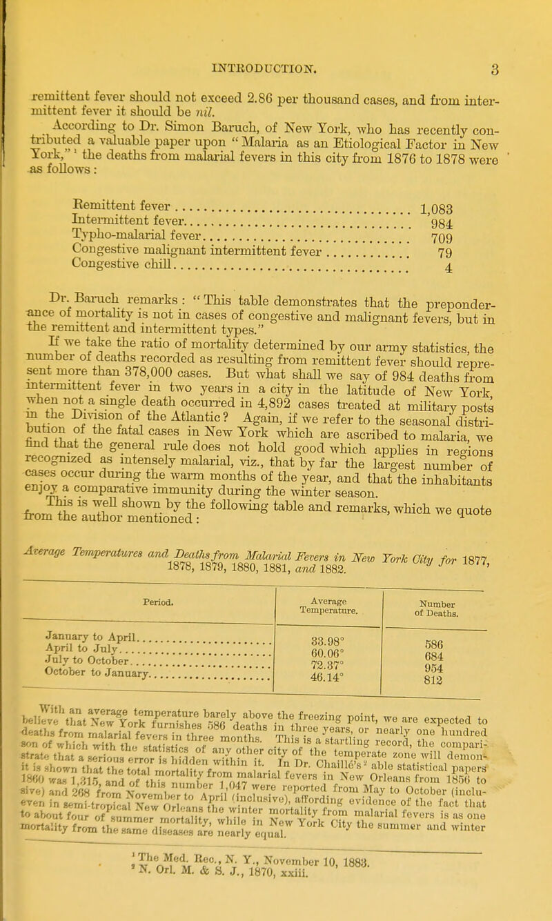 remittent fever should not exceed 2.86 per thousand cases, and from inter- mittent fever it should be nil. According to Dr. Simon Baruch, of New York, who has recently con- ti-ibuted a valuable paper upon  Malaria as an Etiological Factor in New York, ' the deaths fi-om malaiial fevers in this city fi-om 1876 to 1878 were as follows : Eemittent fever 1 083 Intermittent fever 'gg^ Tj'pho-malarial fever 709 Congestive malignant intermittent fever 79 Congestive chiU ''' * 4. Dr. Baiiich remarks :  This table demonstrates that the preponder- ance of mortahty is not in cases of congestive and mahgnant fevers but in the remittent and intermittent types. If we take the ratio of mortahty determined by our army statistics the number ot deaths recorded as resulting from remittent fever should repre- sent more than 378,000 cases. But what shall we say of 984 deaths from intermittent fever m two years in a city in the latitude of New York when not a smgle death occuiTed in 4,892 cases treated at mihtary posts m the Dmsion of the Atlantic ? Again, if we refer to the seasonal distri- « 1 ^^^ a^-e ascribed to malaria, we imd that iixe general inile does not hold good which apphes in re-ions recognized as intensely malarial, viz., that by far the largest number of cases occur during the warm months of the year, and that the inhabitants enjoy a compai-ative immunity during the winter season frn^i^ Tf^ following table and remarks, which we quote irom the author mentioned: . ' u ° Arera^e T^^Uures '^^^^-'Jl^-« 2^^. » ^» T^, OU, f„ 1877, Period. Average Temperature. Number of Deaths. January to April. 33.98° 60.06° 72.37° 46.14° 586 684 954 813 April to July July to October October to January. belJvf trat Ne'XlrtC^^^^^^^ above the freezing point, we are expected to to about Xmir mnlt^^^ mortality from malarial fevers is .is one t^^k^f'^'iv^r ' November 10, 1883. *N. Orl, M. & S. J., 1870, xxiii.