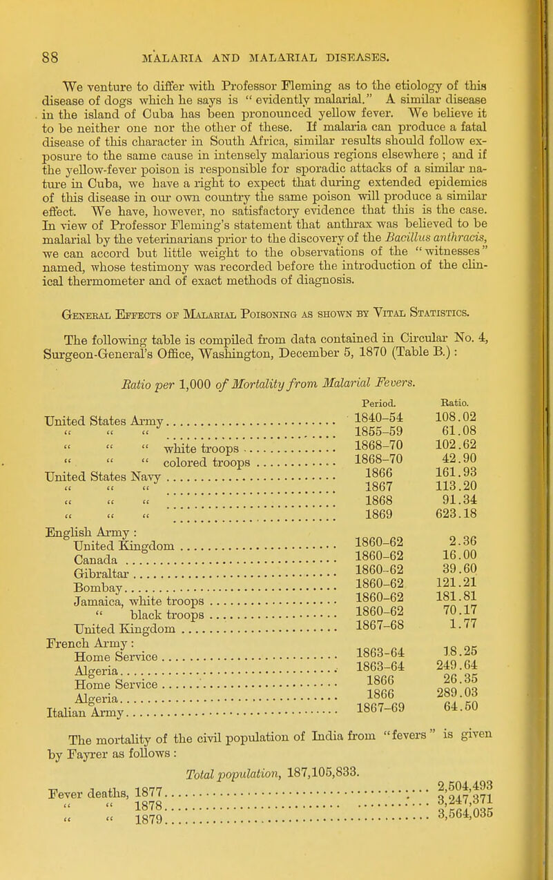 We venture to differ -with Professor Fleming as to the etiology of this disease of dogs which he says is  evidently malarial. A similar disease in the island of Cuba has been pronounced yellow fever. We beheve it to be neither one nor the other of these. If malaria can produce a fatal disease of this character in South Africa, similar results should follow ex- posure to the same cause in intensely malarious regions elsewhere ; and if the yellow-fever poison is resiDonsible for sporadic attacks of a similar na- tui-e in Cuba, we have a right to expect that during extended epidemics of this disease in our own country the same poison will produce a similar effect. We have, however, no satisfactory evidence that this is the case. In view of Professor Fleming's statement that anthrax was believed to be malarial by the veterinarians prior to the discovery of the Bacillus anlhracis, we can accord but little weight to the observations of the  witnesses named, whose testimony was recorded before the introduction of the cHn- ical thermometer and of exact methods of diagnosis. General Effects op Malabial Poisoning as shown by Vital Statistics. The following table is compiled from data contained in Cii-cular No. 4, Surgeon-General's Office, Washington, December 5, 1870 (Table B.): Ratio per 1,000 of Mortality from Malarial Fevers. Period. Ratio. United States Ai-my 1840-54 108.02 u 1855-59 61.08  white troops1868-70 102.62    colored troops 1868-70 42.90 United States Navy 1866 ^^i^^ It 1867 113.20 » 1868 91.34   ]..[[[[... .['m........ 1869 623.18 EngHsh Army: United Kingdom 1860-62 2.6b Canada...^. 1860-62 16.00 Gibraltar 1860-62 39.60 Bombay 1860-62 2 .2 Jamaica, white troops 1860-62 181.6i black troops 1860-62 70.17 United Kingdom 1867-68 1.77 French Army: -.oro n i« ok Home Service ^^^^^f Jo^, Algeria 1863-64 249.64 }866 289:03 Italian Army..' 1867-69 64.50 The mortahty of the civil population of India from fevers  is given by Fayrer as follows : Total population, 187,105,833.
