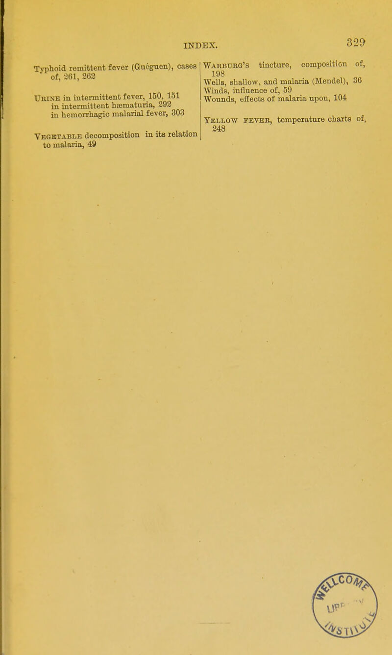 Typhoid remittent fever (Gueguen), cases of, -^Gl, 262 Urine in intermittent fever, 150, 151 in intermittent hsematuria, 292 in hemorrhagic malarial fever, 303 Vegetable decomposition in its relation to malaria, 49 WAnBimG's tincture, composition of, 198 Wells, shallow, and malaria (Mendel), 36 Winds, influence of, 59 Wounds, effects of malaria upon, 104 Yellow fever, temperature charts of, 248