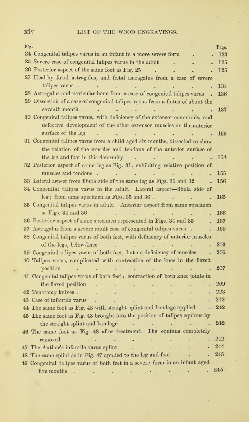 Fig. Page. 24 Congenital talipes varus in an infant in a more severe form . . 123 25 Severe case of congenital talipes varus in tlie adult . . .125 26 Posterior aspect of the same foot as Fig. 25 ... . 125 27 Healthy foetal astragalus, and foetal astragalus from a case of severe talipes varus ........ 134 28 Astragalus and navicular bone from a case of congenital talipes varus . 136 29 Dissection of a case of congenital talipes varus from a foetus of about the seventh month . . . . . . .137 30 Congenital talipes varus, with deficiency of the extensor commimis, and defective development of the other extensor muscles on the anterior surface of the leg ....... 153 31 Congenital tahpes varus from a child aged six months, dissected to show the relation of the muscles and tendons of the anterior surface of the leg and foot in this deformity ..... 154 32 Posterior aspect of same leg as Fig. 31, exhibiting relative position of muscles and tendons ....... 155 33 Lateral aspect from fibula side of the same leg as Figs. 31 and 32 . 156 34 Congenital talipes varus in the adult. Lateral aspect—fibula side of leg ; from same specimen as Figs. 35 and 36 . , . . 165 35 Congenital talipes varus in adult. Anterior aspect from same specimen as Figs. 34 and 36 . . . . . . . 166 36 Posterior aspect of same specimen represented in Figs. 34 and 35 . 167 37 Astragalus from a severe adult case of congenital talipes varus . . 169 38 Congenital talipes varus of both feet, with deficiency of anterior muscles of the legs, below-knee ...... 203 39 Congenital talipes varus of both feet, but no deficiency of muscles . 205 40 Talipes varus, complicated with contraction of the knee in the flexed position ........ 207 41 Congenital tahpes varus of both feet; contraction of both knee joints in the flexed position ....... 209 42 Tenotomy knives . . . . . . . .223 43 Case of infantile varus ....... 242 44 The same foot as Fig. 43 with straight splint and bandage applied . 242 45 The same foot as Fig. 43 brought into the position of talipes equinus by the straight splint and bandage ..... 242 46 The same foot as Fig. 43 after treatment. The equinus completely removed ........ 242 47 The Author's infantile varus splint ..... 244 48 The same splint as in Fig. 47 applied to the leg and foot . . 245 49 Congenital tahpes varus of both feet in a severe form in an infant aged five months 245