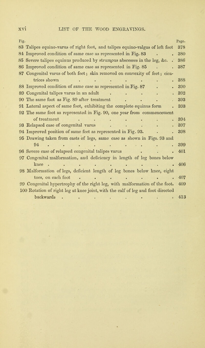 Fig. Page. 83 Talipes equino-varus of right foot, and talipes equino-valgus of left foot 378 84 Improved condition of same case as represented in Fig. 83 . . 380 85 Severe talipes equinus produced by strumpus abscesses in the leg, &c. . 386 86 Improved condition of same case as represented in Fig. 85 . . 387 87 Congenital varus of both feet; skin removed on convexity of feet; cica- trices shown ....... 388 88 Improved condition of same case as represented in Fig. 87 . . 390 89 Congenital tahpes varus in an adult ..... 392 90 The same foot as Fig. 89 after treatment .... 393 91 Lateral aspect of same foot, exhibiting the complete equinus form . 393 92 The same foot as represented in Fig. 90, one year from commencement of treatment ....... 394 93 Relapsed case of congenital varus , - . . . 397 94 Improved position of same feet as represented in Fig. 93. . . 398 95 Drawing taken from casts of legs, same case as shown in Figs. 93 and 94 399 96 Severe case of relapsed congenital talipes varus . . . 401 97 Congenital malformation, and deficiency in length of leg bones below knee ......... 406 98 Malformation of legs, deficient length of leg bones below knee, eight toes, on each foot ....... 407 99 Congenital hypertrophy of the right leg, with malformation of the foot. 409 100 Rotation of right leg at knee joint, with the calf of leg and foot directed backwards . ....... 413