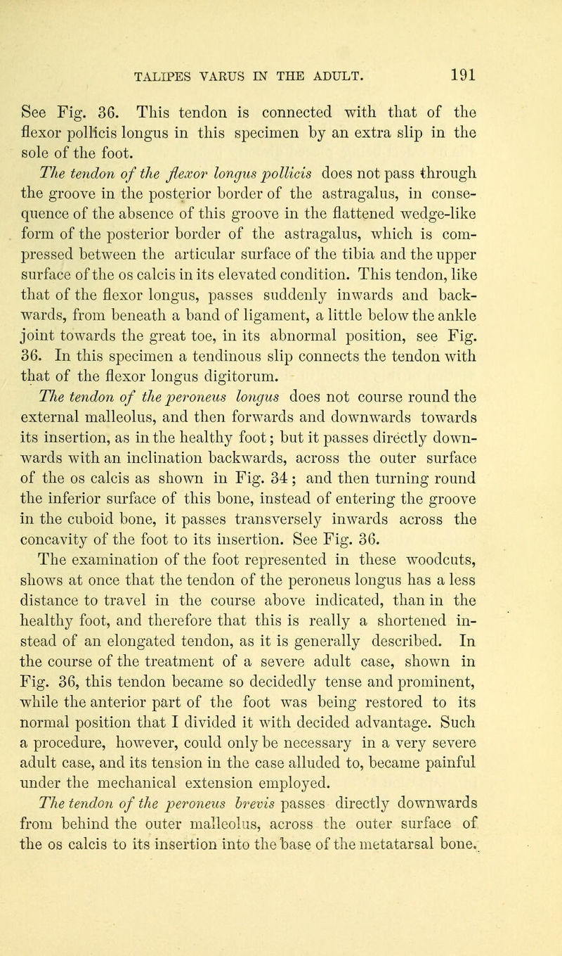 See Fig. 36. This tendon is connected with that of the flexor pollicis longus in this specimen by an extra slip in the sole of the foot. The tendon of the flexor longus pollicis does not pass through the groove in the posterior border of the astragalus, in conse- quence of the absence of this groove in the flattened wedge-like form of the posterior border of the astragalus, which is com- pressed between the articular surface of the tibia and the upper surface of the os calcis in its elevated condition. This tendon, like that of the flexor longus, passes suddenly inwards and back- wards, from beneath a band of ligament, a little below the ankle joint towards the great toe, in its abnormal position, see Fig. 36. In this specimen a tendinous slip connects the tendon with that of the flexor longus digitorum. The tendon of the peroneus lo7igus does not course round the external malleolus, and then forwards and downwards towards its insertion, as in the healthy foot; but it passes directly down- wards with an inclination backwards, across the outer surface of the OS calcis as shown in Fig. 34; and then turning round the inferior surface of this bone, instead of entering the groove in the cuboid bone, it passes transversely inwards across the concavity of the foot to its insertion. See Fig. 36. The examination of the foot represented in these woodcuts, shows at once that the tendon of the peroneus longus has a less distance to travel in the course above indicated, than in the healthy foot, and therefore that this is really a shortened in- stead of an elongated tendon, as it is generally described. In the course of the treatment of a severe adult case, shown in Fig. 36, this tendon became so decidedly tense and prominent, while the anterior part of the foot was being restored to its normal position that I divided it with decided advantage. Such a procedure, however, could only be necessary in a very severe adult case, and its tension in the case alluded to, became painful under the mechanical extension employed. The tendon of the peroneus hrevis passes directly downwards from behind the outer malleolus, across the outer surface of the OS calcis to its insertion into the base of the metatarsal bone.