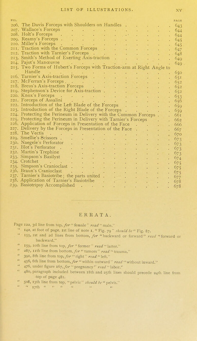 FIG. 206. 207. 208. 209. 2 IO. 211. 212. 213. 214. 215. 2l6. 217. 218. 219. 220. 221. 222. 223. 225. 226. 227. 228. 229. 23O. 231. 232. 233- 234. 235. 236. 237- 238. 239- The Davis Forceps with Shoulders on Handles Wallace's Forceps Holt's Forceps ...... Reamy's Forceps ... Miller's Forceps Traction with the Common Forceps Traction with Tarnier's Forceps . Smith's Method of Exerting Axis-traction Pajot's Manoeuvre ..... Two Forms of Hubert's Forceps with Traction-arm at Right Angle to Handle . . . . . . • Tarnier's Axis-traction Forceps McFerran's Forceps ...... Breus's Axis-traction Forceps Stephenson's Device for Axis-traction . Knox's Forceps . . . Forceps of Assalini Introduction of the Left Blade of the Forceps Introduction of the Right Blade of the Forceps Protecting the Perineum in Delivery with the Common Forceps Protecting the Perineum in Delivery with Tarnier's Forceps Application of Forceps in Presentation of the Face Delivery by the P'orceps in Presentation of the Face The Vectis Smellie's Scissors . Naegele's Perforator Blot's Perforator . Martin's Trephine Simpson's Basilyst Crotchet Simpson's Cranioclast Braun's Cranioclast Tarnier's Basiotribe ; the parts united Application of Tarnier's Basiotribe Basiotripsy Accomplished ERRATA. Page 122, 3d line from top, for  female  read  male.  142, at foot of page, 1st line of note 1,  Fig. 79  should be  Fig. 87.  155, 1st and 2d lines from bottom,/or backward or forward read forward or backward.  159> lotn line from top, for  former  read  latter.  287, nth line from bottom, for  tumors  read  trauma.  391, 8th line from top, for  right  read  left. 456, 6th line from bottom, for  within outward  read without inward.'  476, under figure 167, for  pregnancy '' read  labor. 480, paragraph included between 18th and 25th lines should precede 24th line from •top of page 481.  5°8, I3ll> line from top,  pelvic  should be  pelvis.   17th      <■