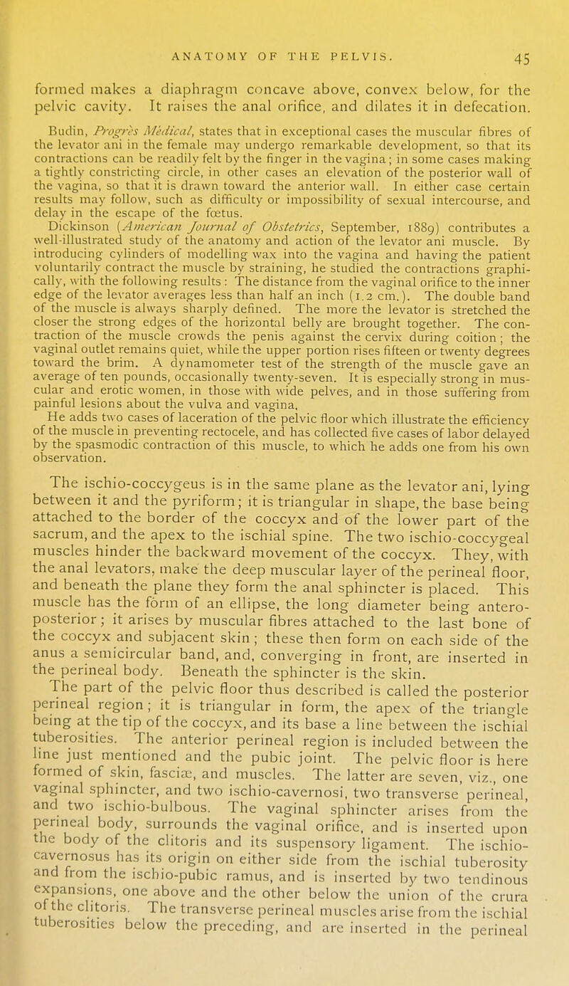 formed makes a diaphragm concave above, convex below, for the pelvic cavity. It raises the anal orifice, and dilates it in defecation. Budin, Progrh Medical, states that in exceptional cases the muscular fibres of the levator ani in the female may undergo remarkable development, so that its contractions can be readily felt by the finger in the vagina; in some cases making a tightly constricting circle, in other cases an elevation of the posterior wall of the vagina, so that it is drawn toward the anterior wall. In either case certain results may follow, such as difficulty or impossibility of sexual intercourse, and delay in the escape of the foetus. Dickinson {American Journal of Obstetrics, September, 1889) contributes a well-illustrated study of the anatomy and action of the levator ani muscle. By introducing cylinders of modelling wax into the vagina and having the patient voluntarily contract the muscle by straining, he studied the contractions graphi- cally, with the following results : The distance from the vaginal orifice to the inner edge of the levator averages less than half an inch (1.2 cm.). The double band of the muscle is always sharply defined. The more the levator is stretched the closer the strong edges of the horizontal belly are brought together. The con- traction of the muscle crowds the penis against the cervix during coition; the vaginal outlet remains quiet, while the upper portion rises fifteen or twenty degrees toward the brim. A dynamometer test of the strength of the muscle gave an average of ten pounds, occasionally twenty-seven. It is especially strong in mus- cular and erotic women, in those with wide pelves, and in those suffering from painful lesions about the vulva and vagina. He adds two cases of laceration of the pelvic floor which illustrate the efficiency of the muscle in preventing rectocele, and has collected five cases of labor delayed by the spasmodic contraction of this muscle, to which he adds one from his own observation. The ischio-coccygeus is in the same plane as the levator ani, lying between it and the pyriform; it is triangular in shape, the base being attached to the border of the coccyx and of the lower part of the sacrum, and the apex to the ischial spine. The two ischio-coccygeal muscles hinder the backward movement of the coccyx. They, with the anal levators, make the deep muscular layer of the perineal floor, and beneath the plane they form the anal sphincter is placed. This muscle has the form of an ellipse, the long diameter being antero- posterior ; it arises by muscular fibres attached to the last bone of the coccyx and subjacent skin; these then form on each side of the anus a semicircular band, and, converging in front, are inserted in the perineal body. Beneath the sphincter is the skin. The part of the pelvic floor thus described is called the posterior perineal region ; it is triangular in form, the apex of the triangle being at the tip of the coccyx, and its base a line between the ischial tuberosities. The anterior perineal region is included between the line just mentioned and the pubic joint. The pelvic floor is here formed of skin, fascia;, and muscles. The latter are seven, viz, one vaginal sphincter, and two ischio-cavernosi, two transverse perineal, and two ischio-bulbous. The vaginal sphincter arises from the perineal body, surrounds the vaginal orifice, and is inserted upon the body of the clitoris and its suspensory ligament. The ischio- cavernosus has its origin on either side from the ischial tuberosity and from the iscliio-pubic ramus, and is inserted by two tendinous expansions, one above and the other below the union of the crura oi the clitoris. The transverse perineal muscles arise from the ischial tuberosities below the preceding, and are inserted in the perineal