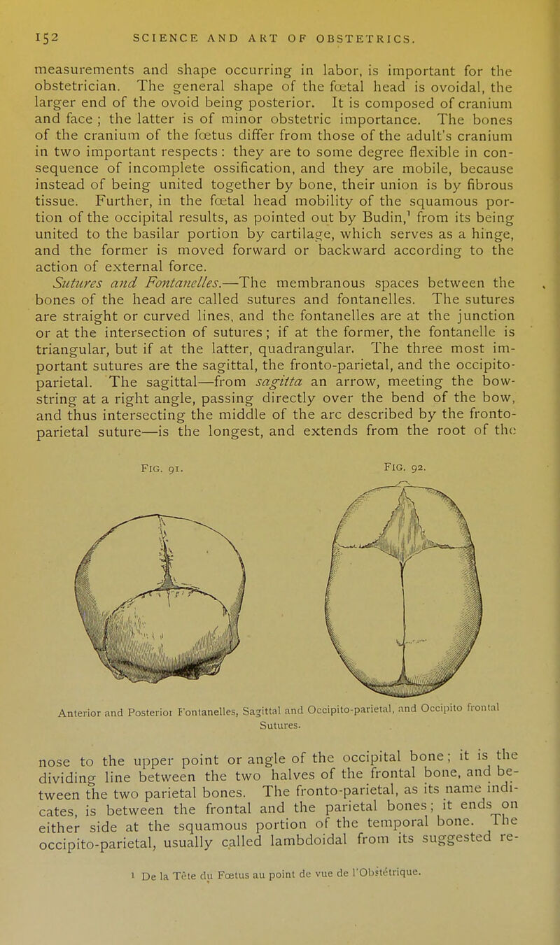 measurements and shape occurring in labor, is important for the obstetrician. The general shape of the foetal head is ovoidal, the larger end of the ovoid being posterior. It is composed of cranium and face ; the latter is of minor obstetric importance. The bones of the cranium of the foetus differ from those of the adult's cranium in two important respects : they are to some degree flexible in con- sequence of incomplete ossification, and they are mobile, because instead of being united together by bone, their union is by fibrous tissue. Further, in the foetal head mobility of the squamous por- tion of the occipital results, as pointed out by Budin,1 from its being united to the basilar portion by cartilage, which serves as a hinge, and the former is moved forward or backward according to the action of external force. Sutures and Fontanelles.—The membranous spaces between the bones of the head are called sutures and fontanelles. The sutures are straight or curved lines, and the fontanelles are at the junction or at the intersection of sutures ; if at the former, the fontanelle is triangular, but if at the latter, quadrangular. The three most im- portant sutures are the sagittal, the fronto-parietal, and the occipito- parietal. The sagittal—from sagitta an arrow, meeting the bow- string at a right angle, passing directly over the bend of the bow, and thus intersecting the middle of the arc described by the fronto- parietal suture—is the longest, and extends from the root of the nose to the upper point or angle of the occipital bone; it is the dividing line between the two halves of the frontal bone, and be- tween the two parietal bones. The fronto-parietal, as its name indi- cates, is between the frontal and the parietal bones; it ends on either side at the squamous portion of the temporal bone. Hie occipitoparietal, usually called lambdoidal from its suggested re- i De la Tete du Foetus au point de vue de l'Obsttkrique.