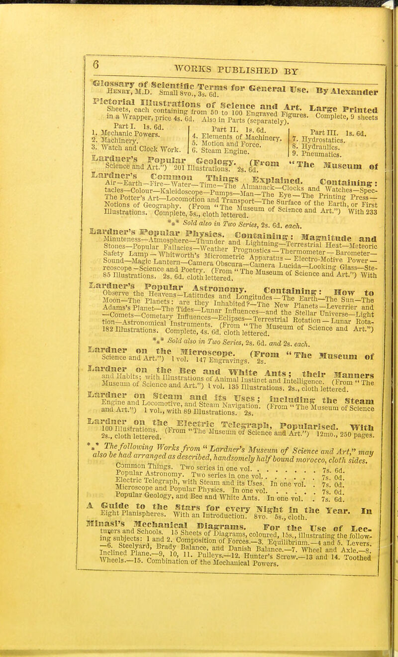 W^o^^^»/0»^«^ Art, I*r»e Printed in a Wrapper, price 4s.i1.1°Als=inVarts SS?™ C°mp,ete' 9 Seet3 Part I. Is. 6d 1. Mechanic Powers. 2. Machinery. 3. Watch and Clock Wort. Part n. Is. Cd. 4. Elements of Machinery. 5. Motion and Force. C. Steam Engine. Part m. Is. Gd. 7. Hydrostatics. 8. Hydraulics. 9. Pneumatics. £.:irdi.eis Popular Geology. (Froni Th* ™<rTj Science and Art.) 201 Illustration!. 2s. Cd. Museum Of JLsirdncr's Common Thlners Pniiai^j t, ^ . Air-Earth-Fire-Water-Time-ThV Ain^Wia™efl- Containing : tacles-Colonr-Kaleidoscope-PumplllIrS The Potter's Art-Locomotion and Trlnsnort-T p W„7» Thfe f,Pllntme Press - Notions of Geography. (From The % c aC6 0f lhe Earth' or Flrst Illustrations. Comp^e/5s™cTotlJettod 0f Scisnce and Art.) With 233 *** Sold also in Two Series, 2s. 6d. each Sound-Magic Lantern-Camei^ K™ Apparatus- Electro-Motive Power - reoscope -Science: andto f&Jr1 Lucida-Looking Glass-Ste- 85 Illustrations. 2s 6d' dothlettered MU36Um °f Science and Art> With 182 Illustrations. Comple~oATu le£redMra °f S™ and Art.) *** Sold also in Two Series, 2s. 6d. and 2s. each ■^^r.«sBa« <^r 're ••■» »f **ni3e{0l!i°Win9 W?ksf™™ Lardner's Museum of Science and Art mav also be had arranged as described, handsomely half bound morocco, cloth sidZ? Common Things. Two series in one vol 7s 6d Popular Astronomy. Two series in one vol.. . . 7s'Od Electric Telegraph, with Steam and its Uses. In one vol 7s' Od Microscope and Popular Physics. In one vol. . ' 7 - od Popular Geology, and Bee and White Ants. In one vol. .' 7s. Gd. A Guide to the Stars for cverv TViiriii in 1 3m -*r....- Eight Planispheres. With an I™Sduclion* 8vc511, cll lear* IU OTimasi's Mechanical JSiagrains. For t!ne ¥Te^ „f t nTsu^ctsSC,i°:nd 21'^heetS-?f BiaF^ coloured iffStaSSA -6 StZeuJ^ Tl„VCnm,P°Sltl0n °J ??rces.-3. Equilibrium.-4 and 5. Levers. Inclined S'-q ^O n'Ti, SS^ff Ba'ace.-7. Wheel and Axle.-S. is r^?,'- plle>'s.-12. Hunter's Screw.-13 and 14. Toothed Wheels.—15. Combination of the Mechanical Powers.