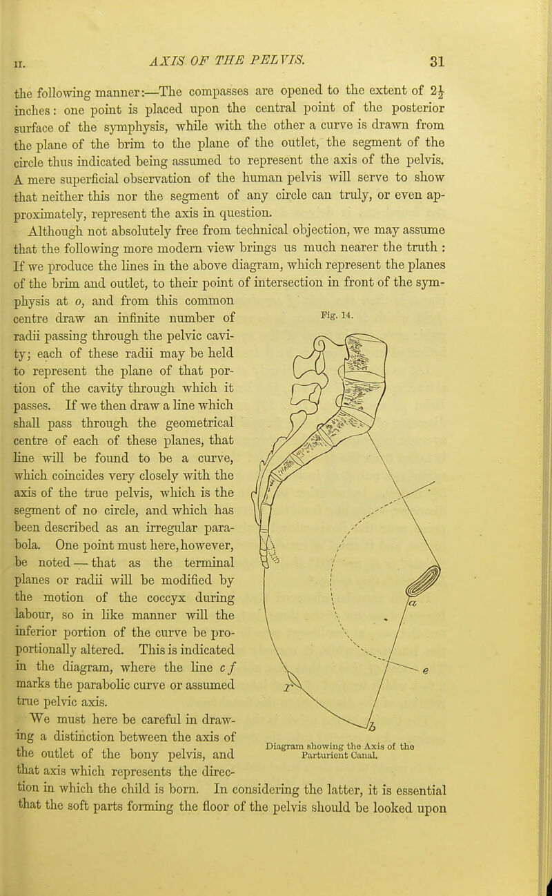 ir. the following manner:—The compasses are opened to the extent of 2J inches: one point is placed upon the central point of the posterior surface of the symphysis, while with the other a curve is drawn from the plane of the brim to the plane of the outlet, the segment of the circle thus indicated being assumed to represent the axis of the pelvis. A mere superficial observation of the human pelvis will serve to show that neither this nor the segment of any circle can truly, or even ap- proximately, represent the axis in question. Although not absolutely free from technical objection, we may assume that the following more modern view brings us much nearer the truth : If we produce the lines in the above diagram, winch represent the planes of the brim and outlet, to their point of intersection in front of the sym- physis at o, and from this common centre draw an infinite number of radii passing through the pelvic cavi- ty; each of these radii may be held to represent the plane of that por- tion of the cavity through which it passes. If we then draw a line which shall pass through the geometrical centre of each of these planes, that line will be found to be a curve, which coincides very closely with the axis of the true pelvis, which is the segment of no circle, and which has been described as an irregular para- bola. One point must here, however, be noted — that as the terminal planes or radii will be modified by the motion of the coccyx during labour, so in like manner will the inferior portion of the curve be pro- portionally altered. This is indicated in the diagram, where the line cf marks the parabolic curve or assumed true pelvic axis. We must here be careful in draw- ing a distinction between the axis of the outlet of the bony pelvis, and that axis which represents the direc- tion in which the child is born. In considering the latter, it is essential that the soft parts forming the floor of the pelvis should be looked upon Fig. 14. Diagram showing the Axis of tho Parturient Canal.