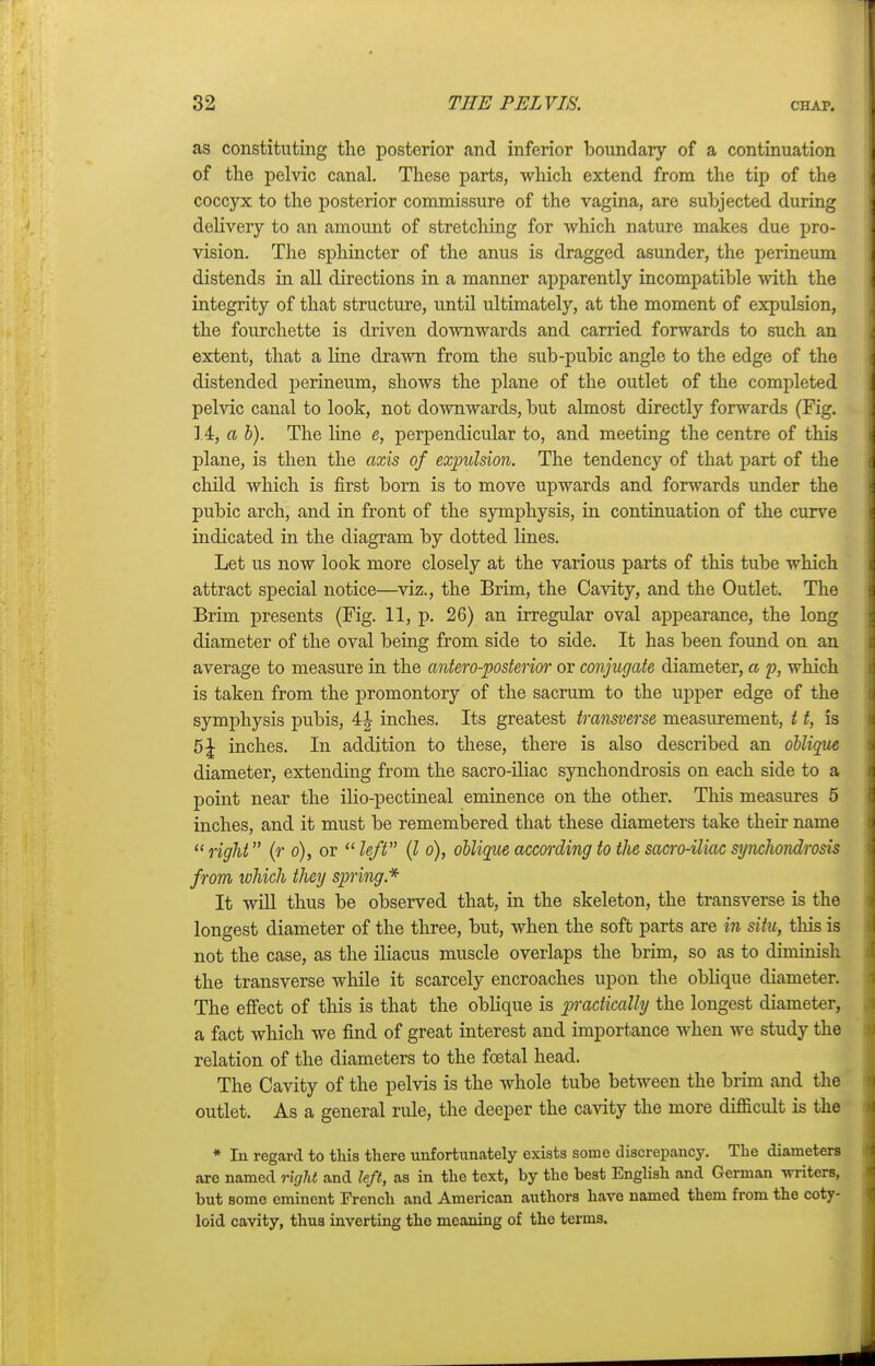 as constituting the posterior and inferior boundary of a continuation of the pelvic canal. These parts, which extend from the tip of the coccjrx to the posterior commissure of the vagina, are subjected during delivery to an amount of stretching for which nature makes due pro- vision. The sphincter of the anus is dragged asunder, the perineum distends in all directions in a manner apparently incompatible with the integrity of that structure, until ultimately, at the moment of expulsion, the fourchette is driven downwards and carried forwards to such an extent, that a line draw from the sub-pubic angle to the edge of the distended perineum, shows the plane of the outlet of the completed pelvic canal to look, not downwards, but almost directly forwards (Fig. 14, a b). The line e, perpendicular to, and meeting the centre of this plane, is then the axis of expulsion. The tendency of that part of the child which is first born is to move upwards and forwards under the pubic arch, and in front of the symphysis, in continuation of the curve indicated in the diagram by dotted lines. Let us now look more closely at the various parts of this tube which attract special notice—viz., the Brim, the Cavity, and the Outlet. The Brim presents (Fig. 11, p. 26) an irregular oval appearance, the long diameter of the oval being from side to side. It has been found on an average to measure in the antero-posterior or conjugate diameter, a p, which is taken from the promontory of the sacrum to the upper edge of the symphysis pubis, 4J inches. Its greatest transverse measurement, 11, is 5 J inches. In addition to these, there is also described an oblique diameter, extending from the sacro-iliac synchondrosis on each side to a point near the ilio-pectineal eminence on the other. This measures 5 inches, and it must be remembered that these diameters take their name right (r o), or left (I o), oblique according to the sacro-iliac synchondrosis from which they spring* It will thus be observed that, in the skeleton, the transverse is the longest diameter of the three, but, when the soft parts are in situ, this is not the case, as the iliacus muscle overlaps the brim, so as to diminish the transverse while it scarcely encroaches upon the oblique diameter. The effect of this is that the oblique is practically the longest diameter, a fact which we find of great interest and importance when we study the relation of the diameters to the foetal head. The Cavity of the pelvis is the whole tube between the brim and the outlet. As a general rule, the deeper the cavity the more difficult is the * In regard to this there unfortunately exists some discrepancy. The diameters are named rigid and left, as in the text, by the best English and German -writers, but some eminent French and American authors have named them from the coty- loid cavity, thus inverting the meaning of the terms.