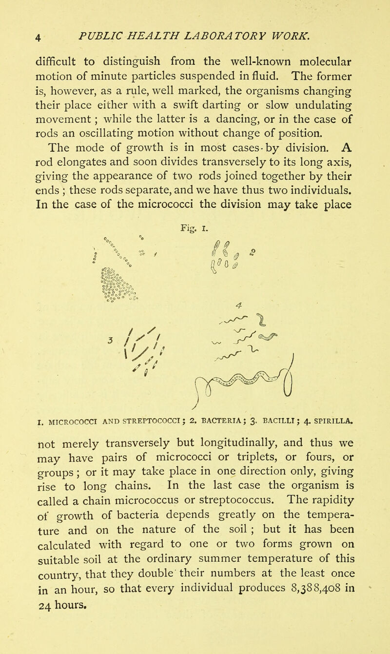 difficult to distinguish from the well-known molecular motion of minute particles suspended in fluid. The former is, however, as a rule, well marked, the organisms changing their place either with a swift darting or slow undulating movement; while the latter is a dancing, or in the case of rods an oscillating motion without change of position. The mode of growth is in most cases-by division. A rod elongates and soon divides transversely to its long axis, giving the appearance of two rods joined together by their ends ; these rods separate, and we have thus two individuals. In the case of the micrococci the division may take place Fig. I. I. MICROCOCCI AND STREPTOCOCCI ; 2. BACTERIA ; 3. BACILLI ; 4. SPIRILLA, not merely transversely but longitudinally, and thus we may have pairs of micrococci or triplets, or fours, or groups; or it may take place in one direction only, giving rise to long chains. In the last case the organism is called a chain micrococcus or streptococcus. The rapidity of growth of bacteria depends greatly on the tempera- ture and on the nature of the soil ; but it has been calculated with regard to one or two forms grown on suitable soil at the ordinary summer temperature of this country, that they double'their numbers at the least once in an hour, so that every individual produces 8,388,408 in 24 hours.