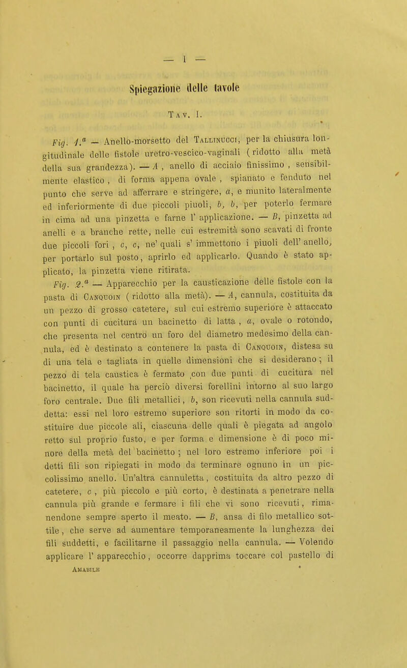 S|»icgazlone delle lavole Tav. 1. Pig^ _ Anello-morsetto del Tallinucoi, per la chiusura lon- gitudinale dello fistole uretro-vescico-vaginali (ridotto alla metà della sua grandezza). — A , anello di acciaio finissimo , sensibil- mente elastico , di forma appena ovale , spianato e fenduto nei punto che serve ad afferrare e stringere, a, e munito lateralmente ed inferiormente di due piccoli piuoli, b, b, per poterlo fermare in cima ad una pinzetta e farne 1' applicazione. — D, pinzetta ad anelli e a branche rette, nelle cui estremità sono scavati di fronte due piccoli fori , c, c, ne' quali s' immettono i piuoli dell' anello, per portarlo sul posto, aprirlo ed applicarlo, Quando è stato ap- plicato, la pinzetta viene ritirata. Fig, 2» Apparecchio per la causticazione delle fistole con la pasta di Canqtioin (ridotto alla metà). — A, cannula, costituita da un pezzo di grosso catetere, sul cui estremo superiore è attaccato con punti di cucitura un bacinetto di latta , a, ovale o rotondo, che presenta nel centro un foro del diametro medesimo della can- nula, ed è destinato a contenere la pasta di Canquoin, distesa su di una tela e tagliata in quelle dimensioni che si desiderano ; il pezzo di tela caustica è fermato con due punti di cucitura nel bacinetto, il quale ha perciò diversi forellini intorno al suo largo foro centrale. Due Gli metallici, b, son ricevuti nella cannula sud- detta: essi nel loro estremo superiore son ritorti in modo da co- stituire due piccole ali, ciascuna delle quali è piegata ad angolo retto sul proprio fusto, e per forma e dimensione è di poco mi- nore della metà der bacinetto ; nel loro estremo inferiore poi i detti fili son ripiegati in modo da terminare ognuno in un pic- colissimo anello. Un'altra cannuletta, costituita da altro pezzo di catetere, c , piia piccolo e più corto, è destinata a penetrare nella cannula più grande e fermare i fili che vi sono ricevuti, rima- nendone sempre aperto il meato. — B, ansa di filo metallico sot- tile , che serve ad aumentare temporaneamente la lunghezza dei fili suddetti, e facilitarne il passaggio nella cannula. — Volendo applicare 1' apparecchio, occorre dapprima toccare col pastello di AWABILK *