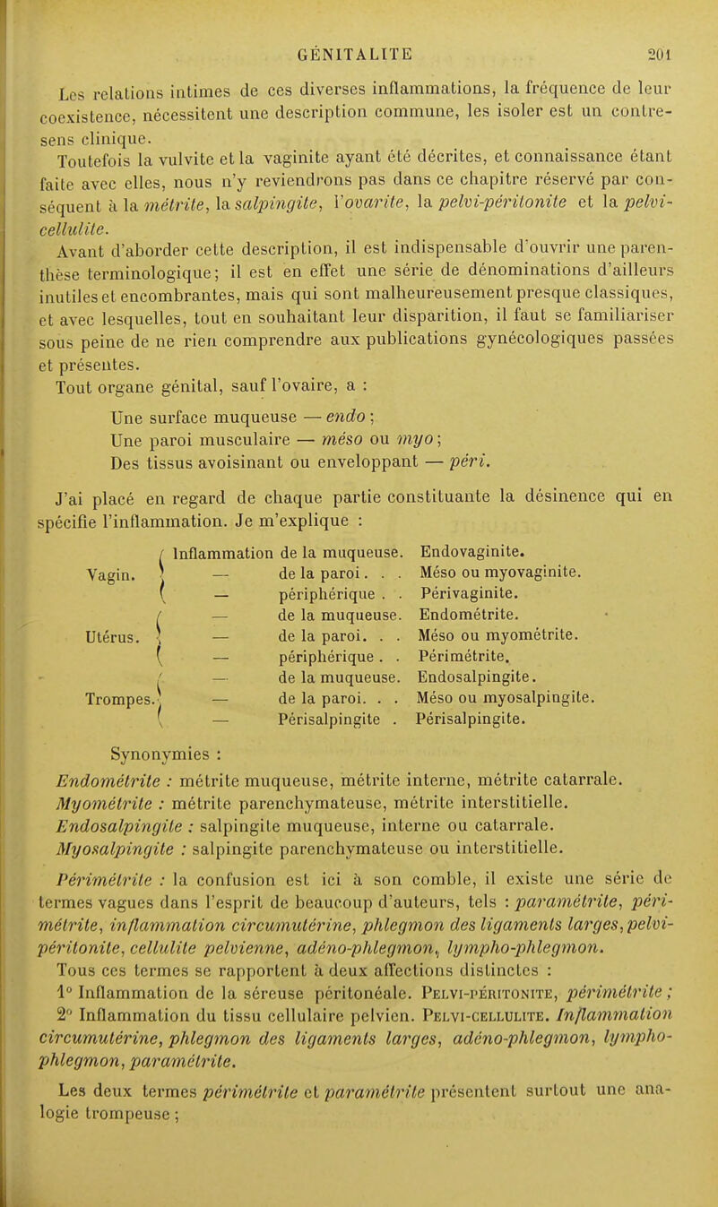 Les relations intimes de ces diverses inflammations, la fréquence de leur coexistence, nécessitent une description commune, les isoler est un contre- sens clinique. Toutefois la vulvite et la vaginite ayant été décrites, et connaissance étant faite avec elles, nous n'y reviendrons pas dans ce chapitre réservé par con- séquent à la métrite, la salpingite, Voyante, la pelvi-périlonile et la pelvi- cellulite. Avant d'aborder cette description, il est indispensable d'ouvrir une paren- thèse terminologique; il est en effet une série de dénominations d'ailleurs inutiles et encombrantes, mais qui sont malheureusement presque classiques, et avec lesquelles, tout en souhaitant leur disparition, il faut se familiariser sous peine de ne rien comprendre aux publications gynécologiques passées et présentes. Tout organe génital, sauf l'ovaire, a : Une surface muqueuse — endo ; Une paroi musculaire — méso ou myo ; Des tissus avoisinant ou enveloppant — -péri. J'ai placé en regard de chaque partie constituante la désinence qui en spécifie l'inflammation. Je m'explique : / Inflammation de la muqueuse. Endovaginite. Vagin. ■ — de la paroi. . . Méso ou myovaginite. ( — périphérique . . Périvaginite. / — de la muqueuse. Endométrite. Utérus. -, — de la paroi. . . Méso ou myométrite. ( — périphérique. . Périraétrite. de la muqueuse. Endosalpingite. Trompes.- de la paroi. . . Méso ou myosalpingite. — Périsalpingite . Périsalpingite. Synonymies : Endométrite : métrite muqueuse, métrite interne, métrite catarrale. Myométrite : métrite parenchymateuse, métrite interstitielle. Endosalpingite : salpingite muqueuse, interne ou catarrale. Myosalpingite : salpingite parenchymateuse ou interstitielle. Périmélrile : la confusion est ici à son comble, il existe une série de termes vagues dans l'esprit de beaucoup d'auteurs, tels : paramétrite, péri- mé trite, inflammation circumutérine, phlegmon des ligaments larges, pelvi- péritonite, cellulite pelvienne, adéno-phlegmon^ lympho-phlegmon. Tous ces termes se rapportent à deux affections distinctes : 1° Inflammation de la séreuse péritonéale. Pelvi-péiutonite, périmélrile ; 2 Inflammation du tissu cellulaire pelvien. Pelvi-celluxite. Inflammation circumutérine, phlegmon des ligaments larges, adéno-phlegmon, lympho- phlegmon, paramétrite. Les deux termes périmélrile et paramétrite présentent surtout une ana- logie trompeuse ;